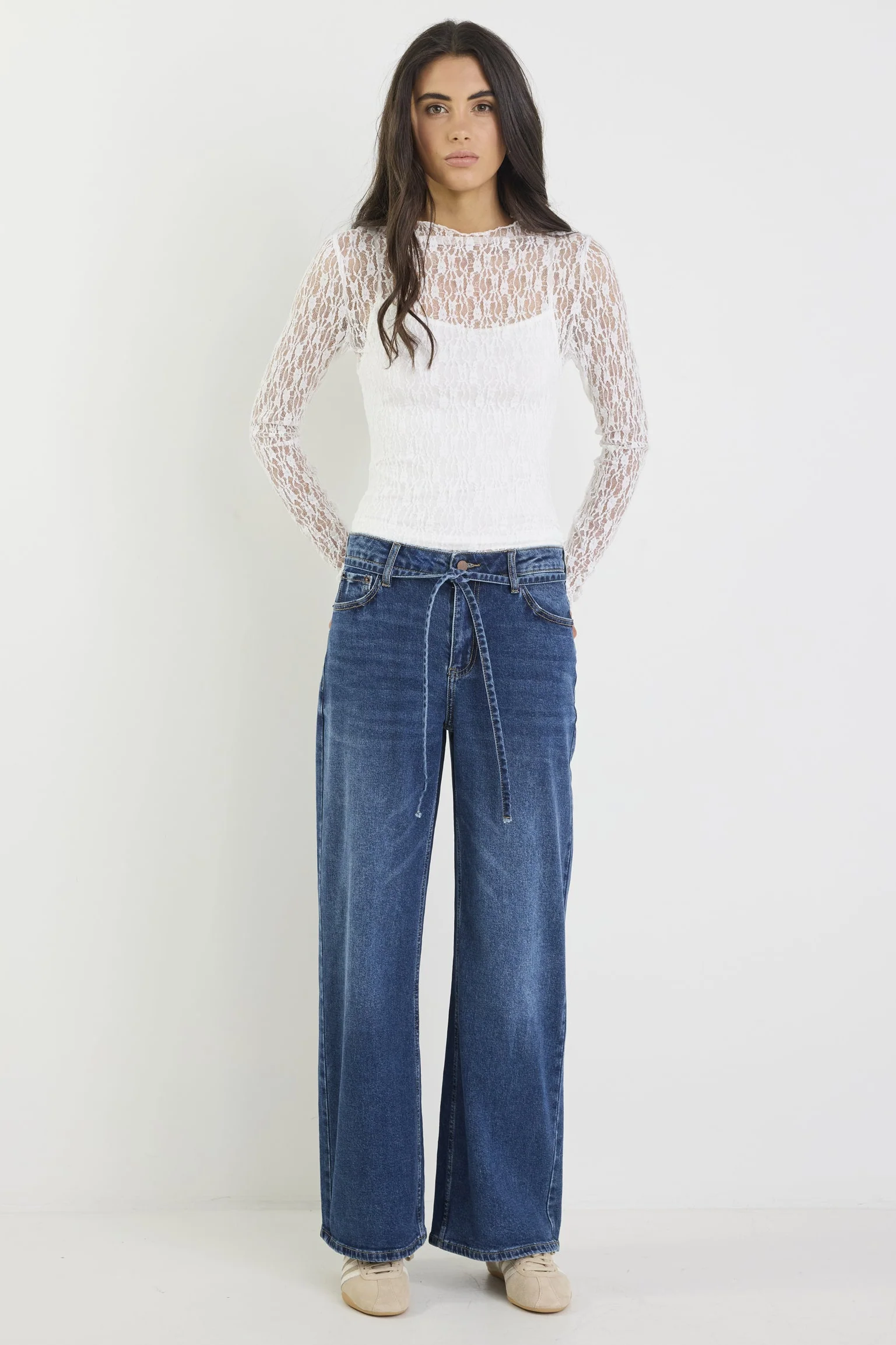 College Deep Blue Wide Leg Tie Belt Jean - Image 3