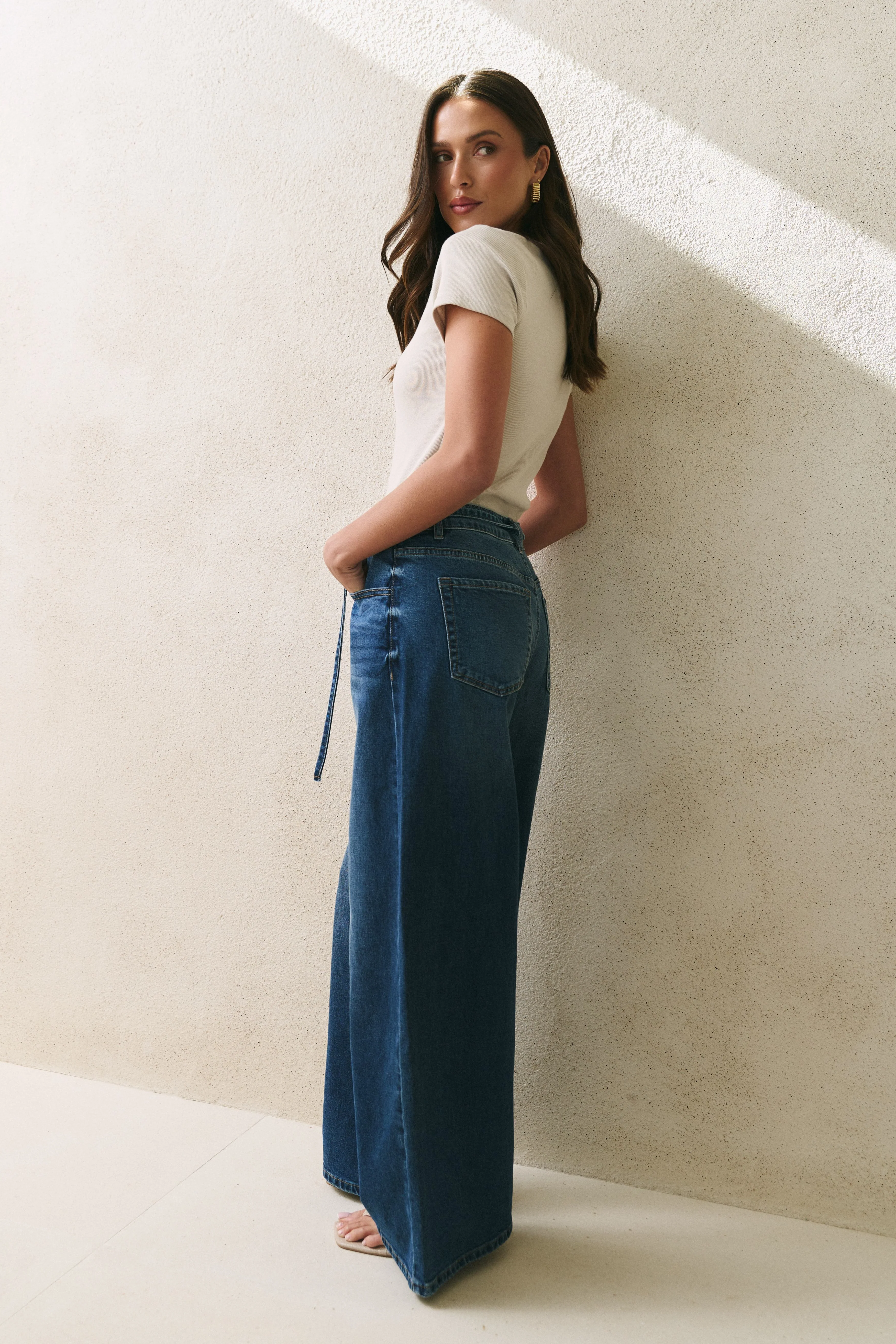 College Deep Blue Wide Leg Tie Belt Jean - Image 8