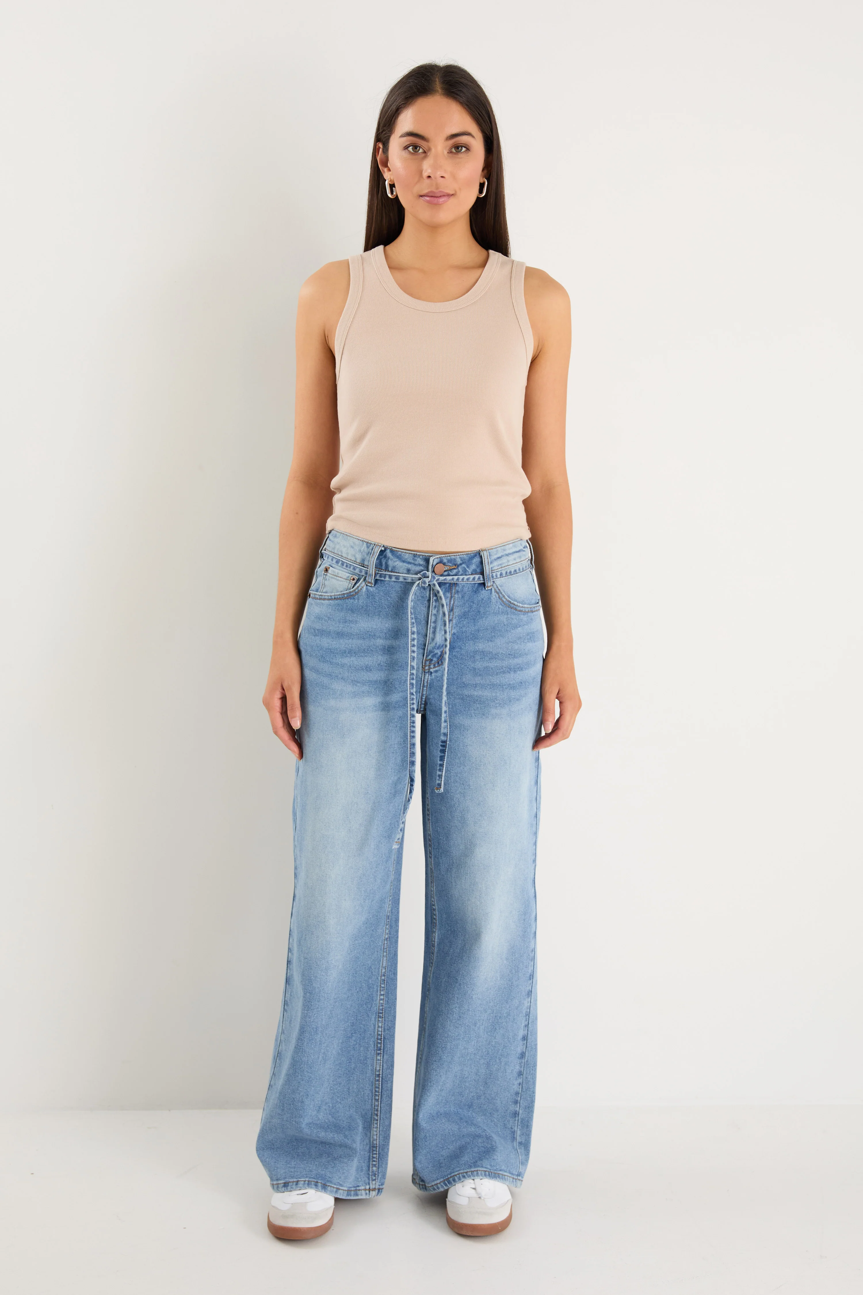 College Light Blue Wide Leg Tie Belt Jean - Image 3