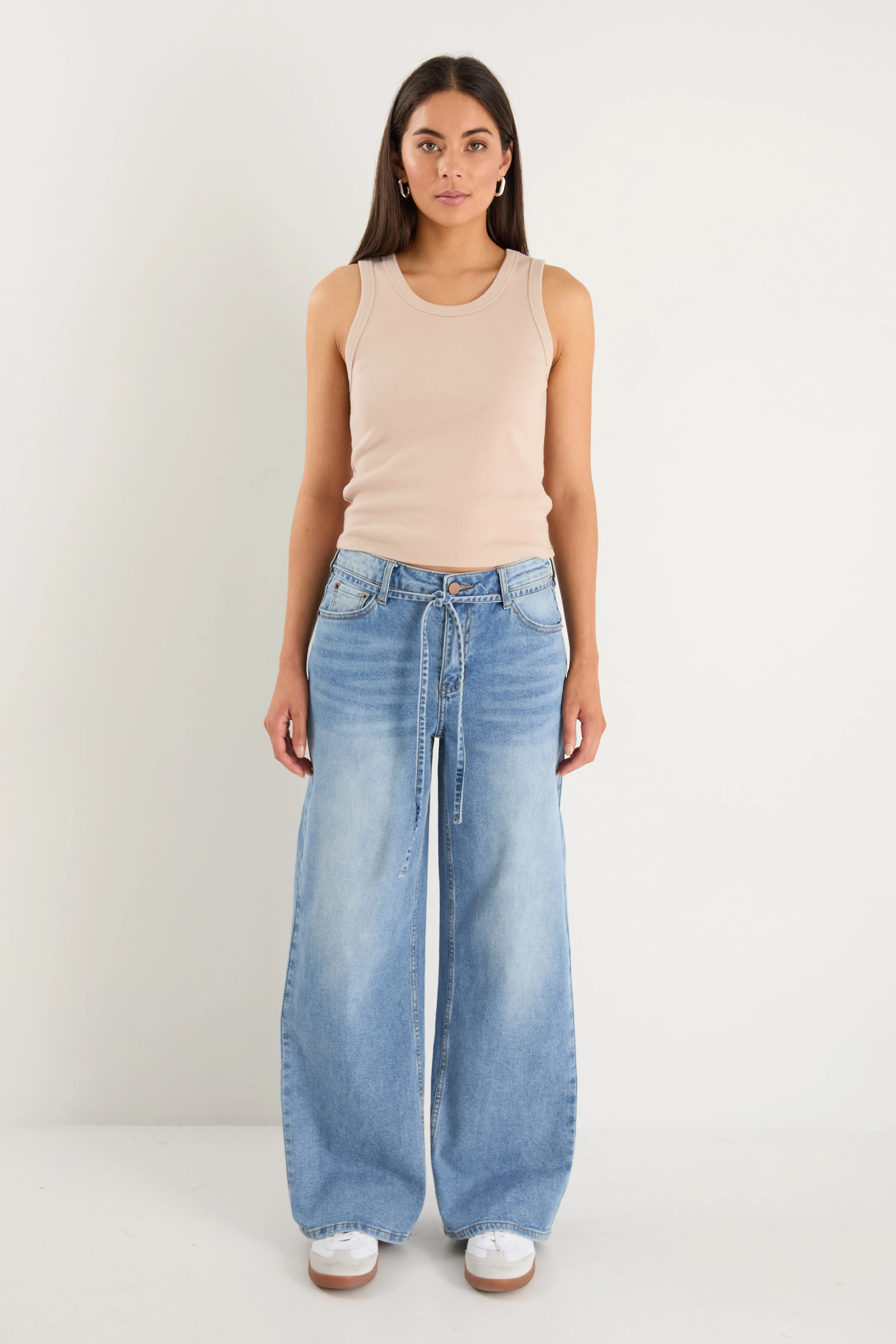 College Light Blue Wide Leg Tie Belt Jean - Image 4