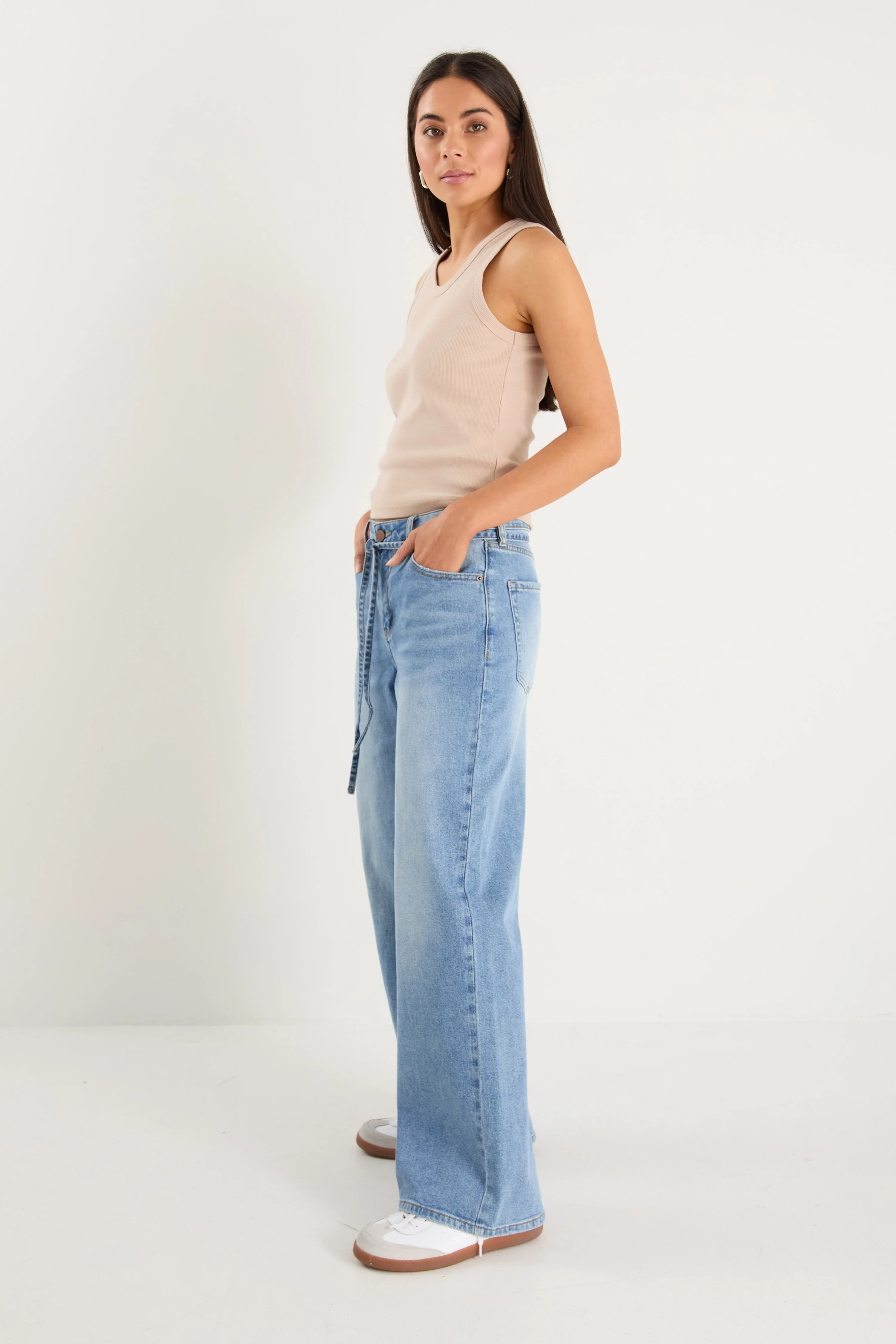 College Light Blue Wide Leg Tie Belt Jean - Image 5