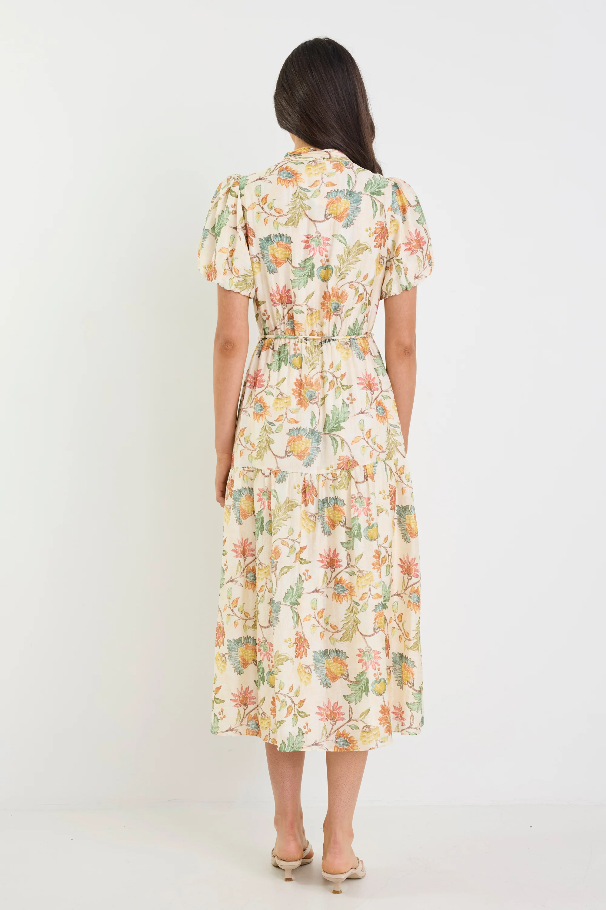 Comet Peach Bloom Short Puff Sleeve Button Front Midi Dress - Image 4