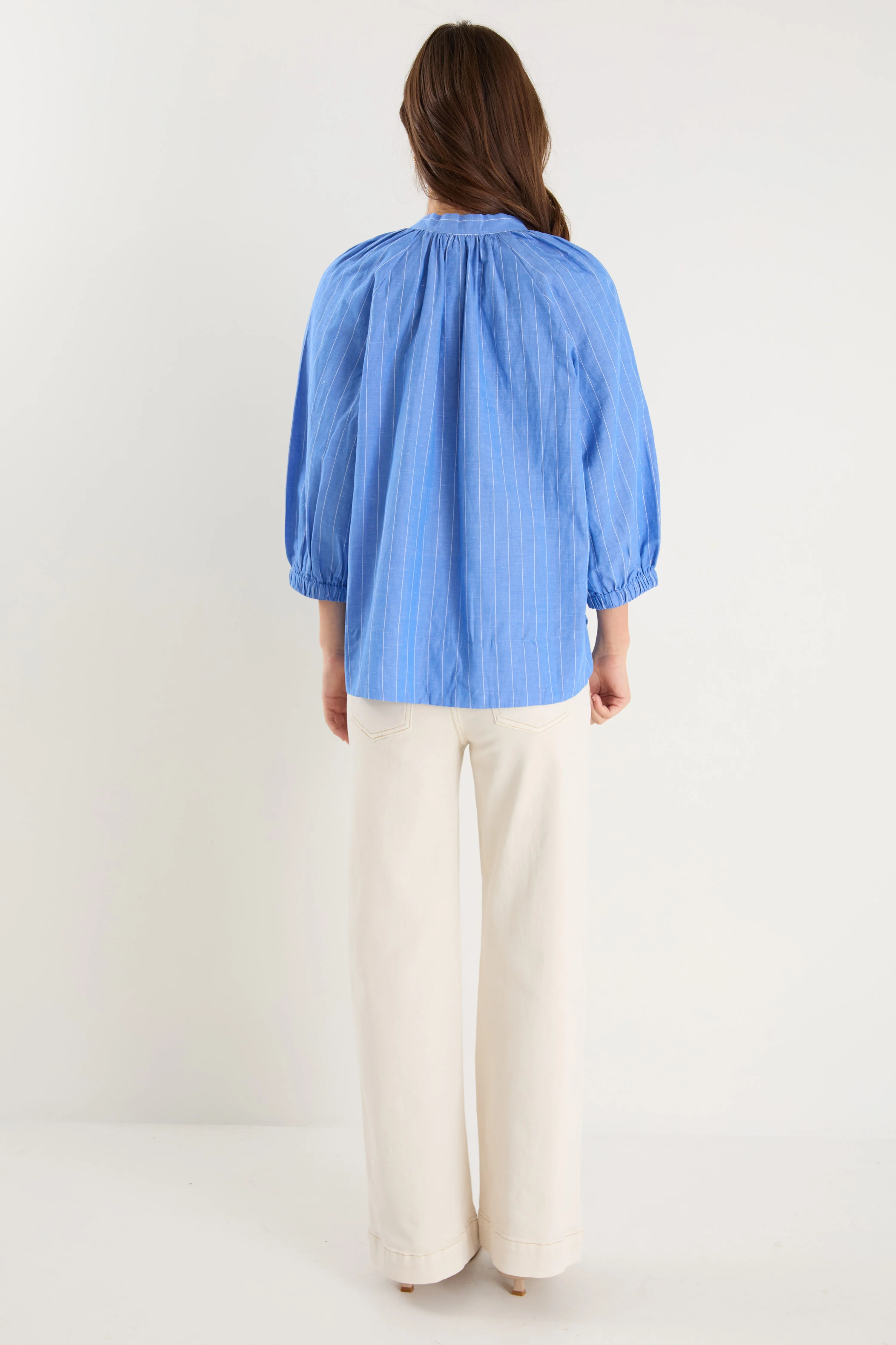 Compliment French Blue Stripe Blouson Mid Sleeve Top - Image 6
