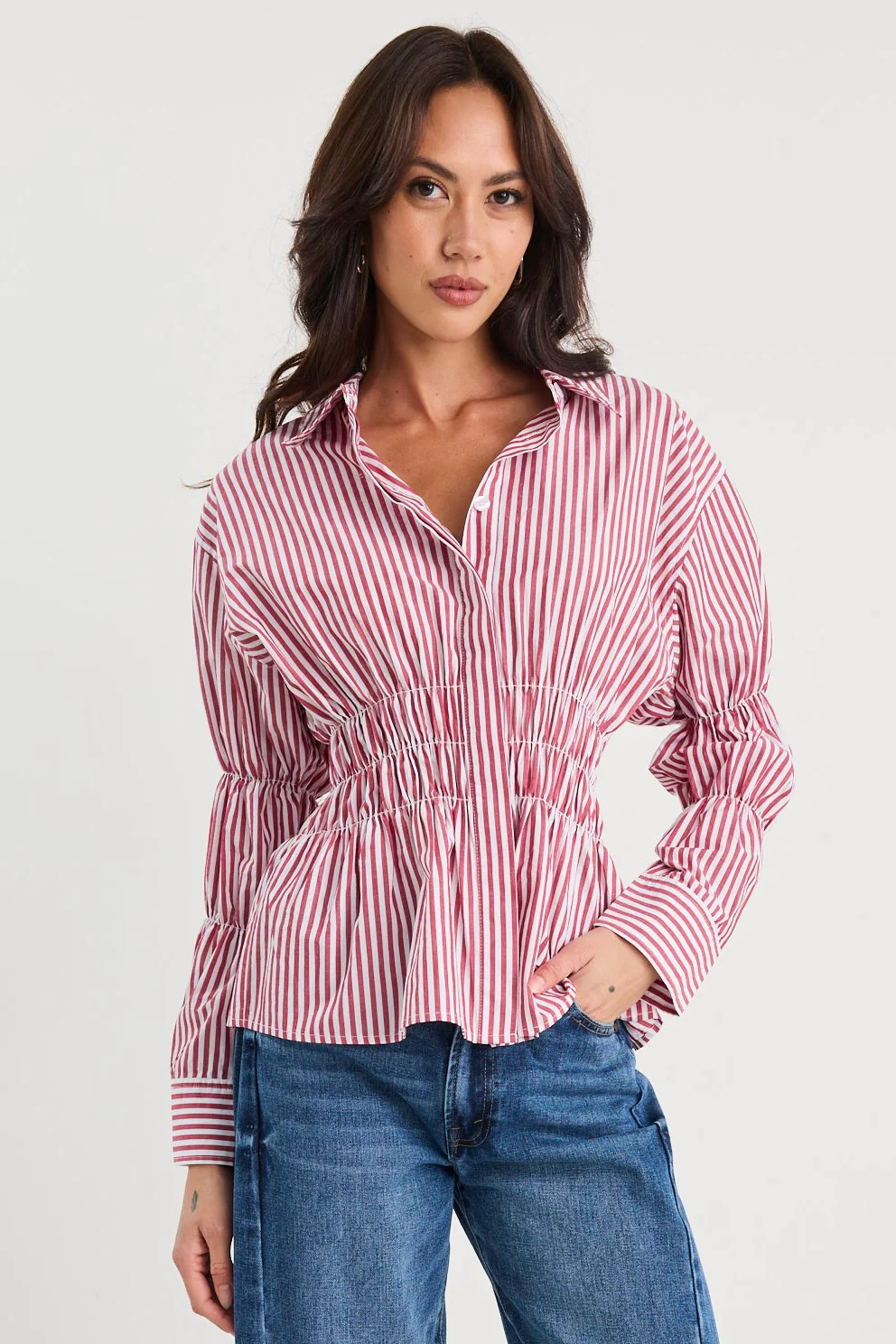 Composite Burgundy Plum Stripe Shirred Body Shirt - Image 2