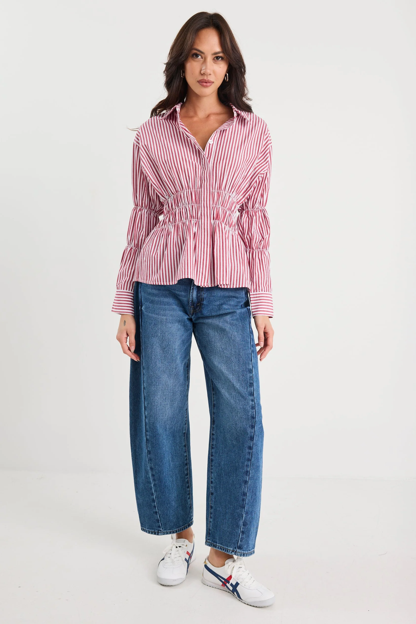 Composite Burgundy Plum Stripe Shirred Body Shirt - Image 3