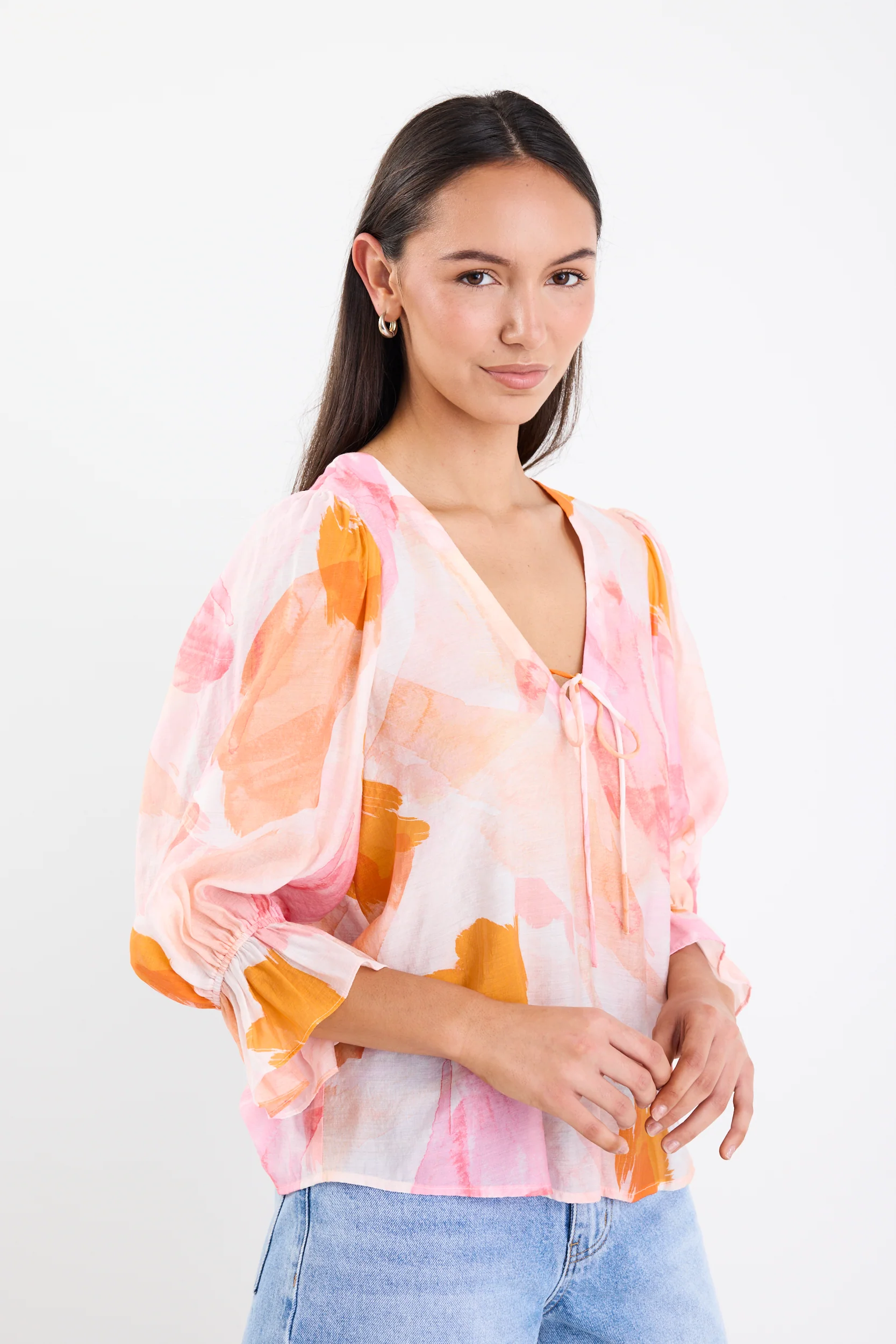 Compulsion Sunset Print V Neck Tie SS Top - Image 2