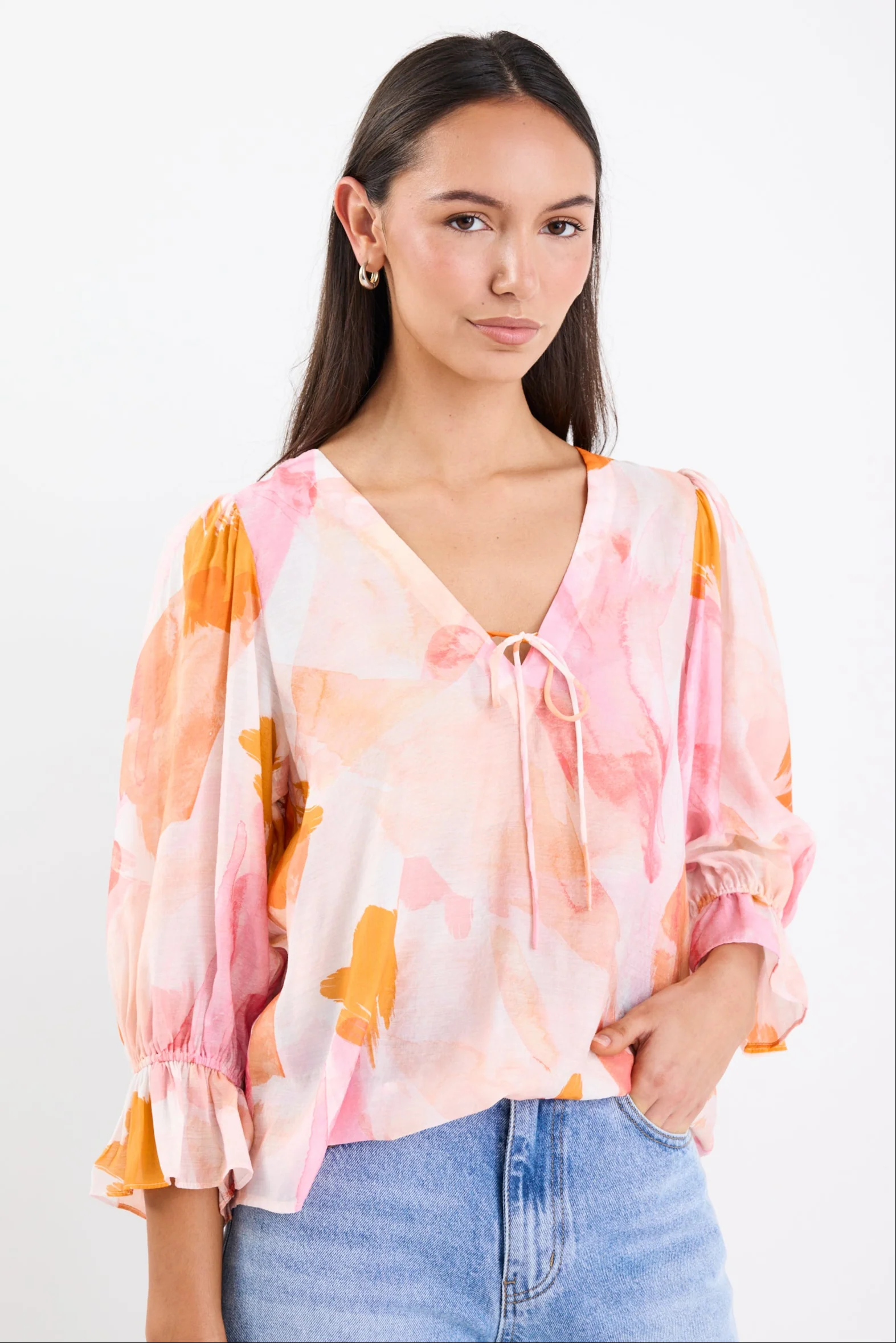 Compulsion Sunset Print V Neck Tie SS Top - Image 4