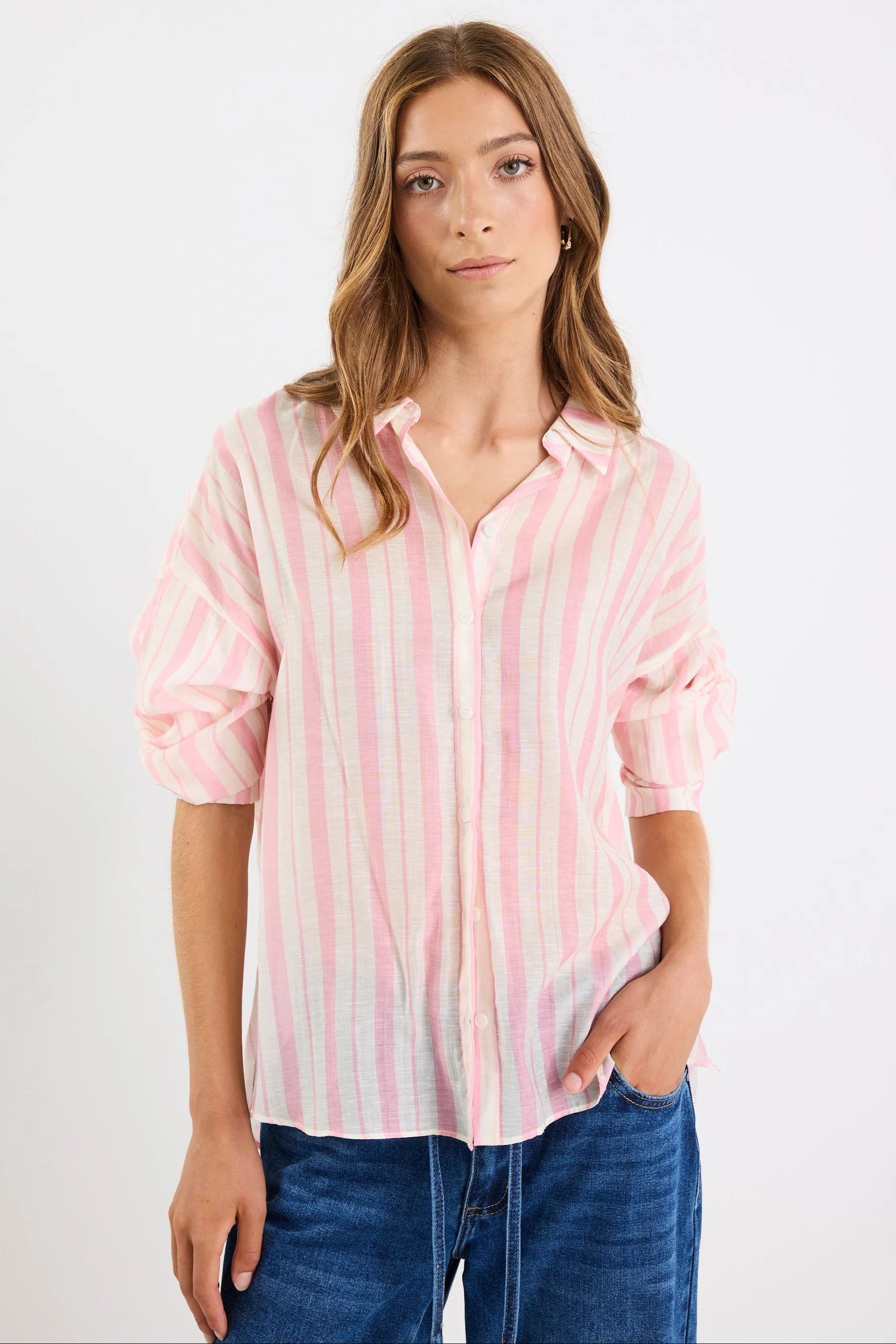 Construct Pink Cream Stripe Oversized Shirt - Image 2