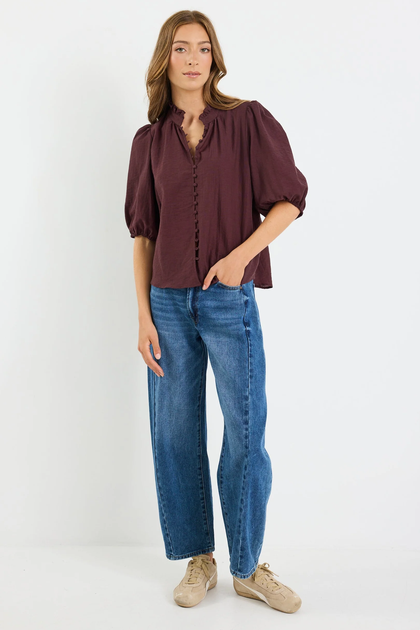 Continuance Chocolate Semi Sheer High Neck Buttoned Short Sleeve Top - Image 3