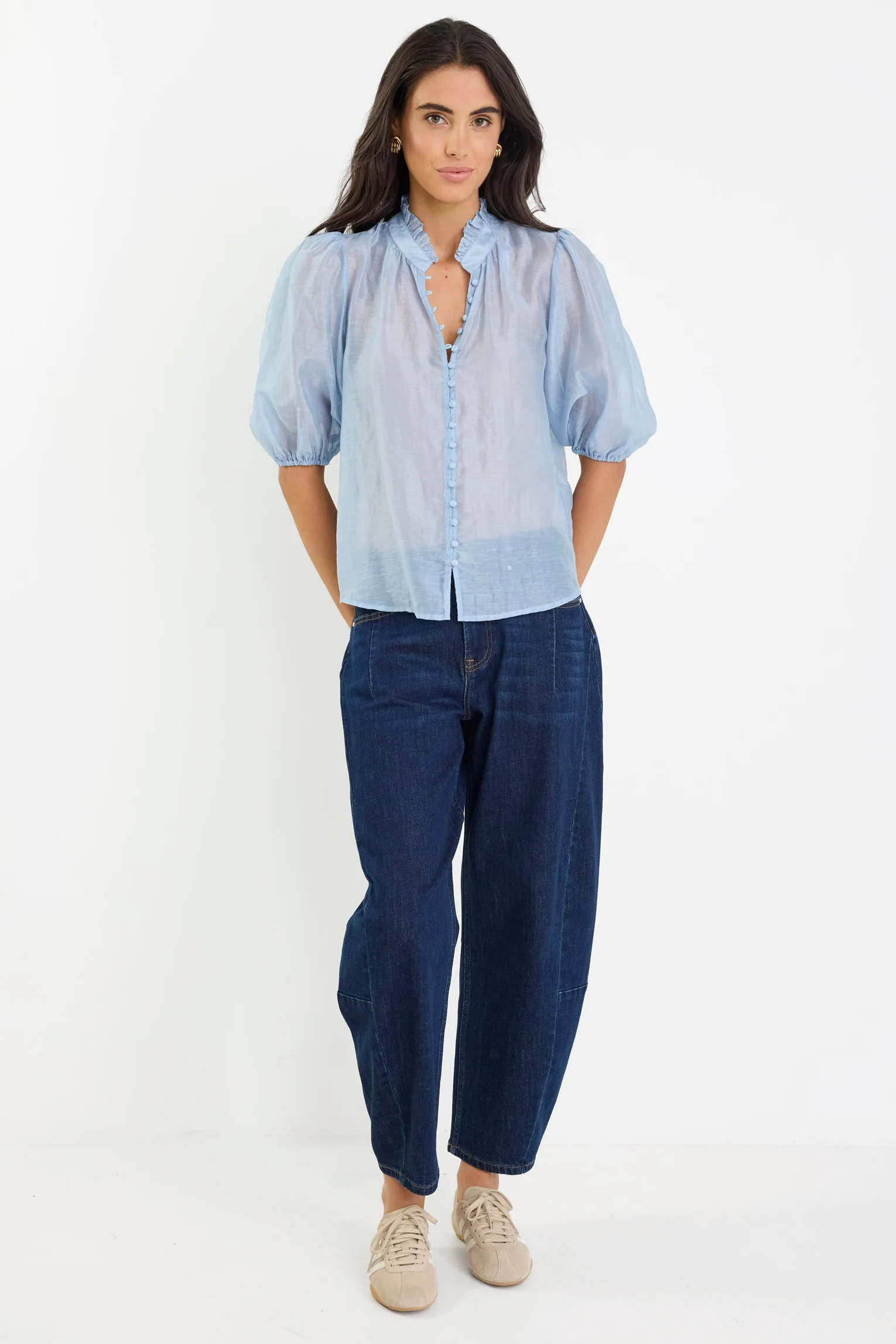 Continuance Pale Blue High Neck Buttoned SS Top - Image 3