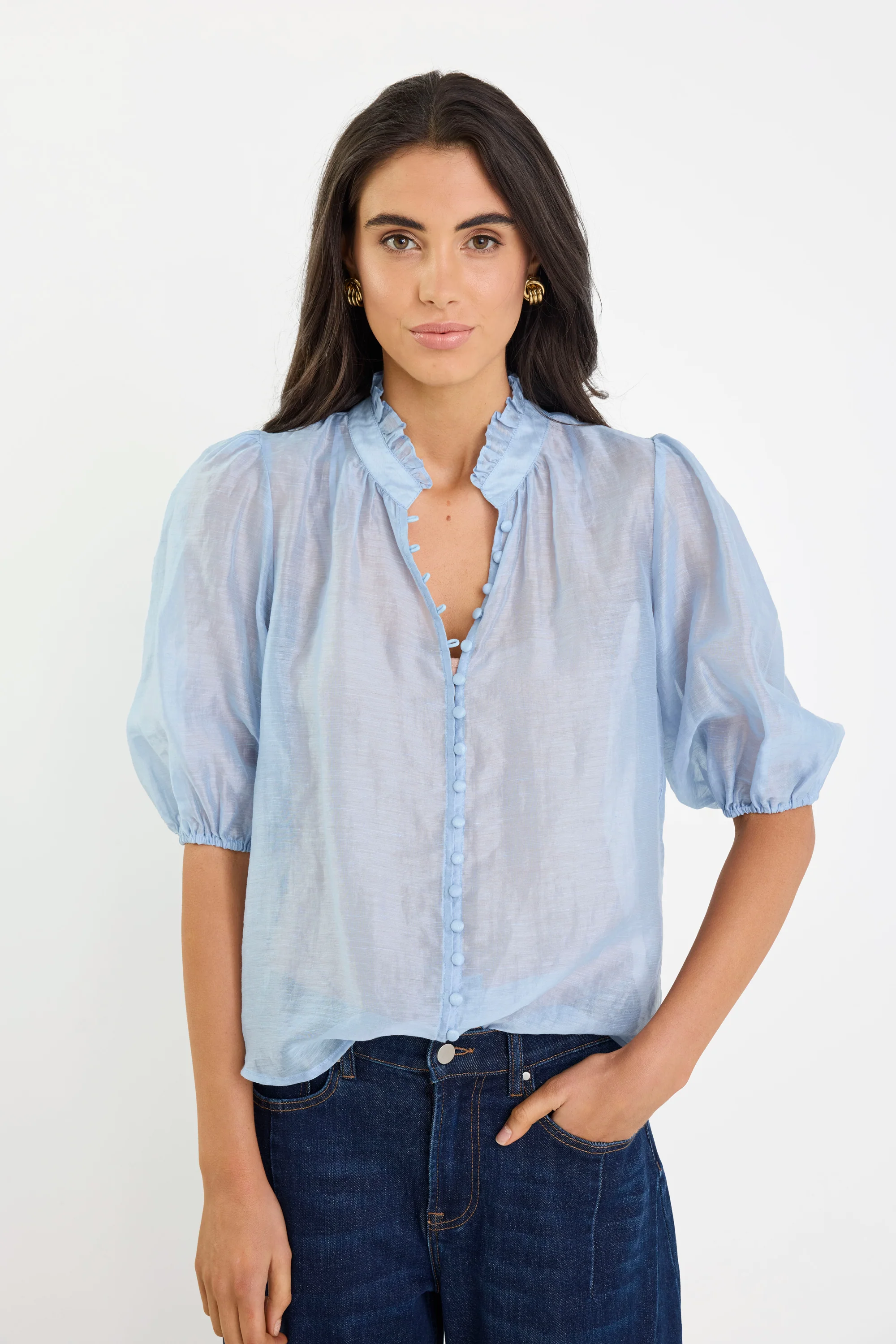 Continuance Pale Blue High Neck Buttoned SS Top - Image 4