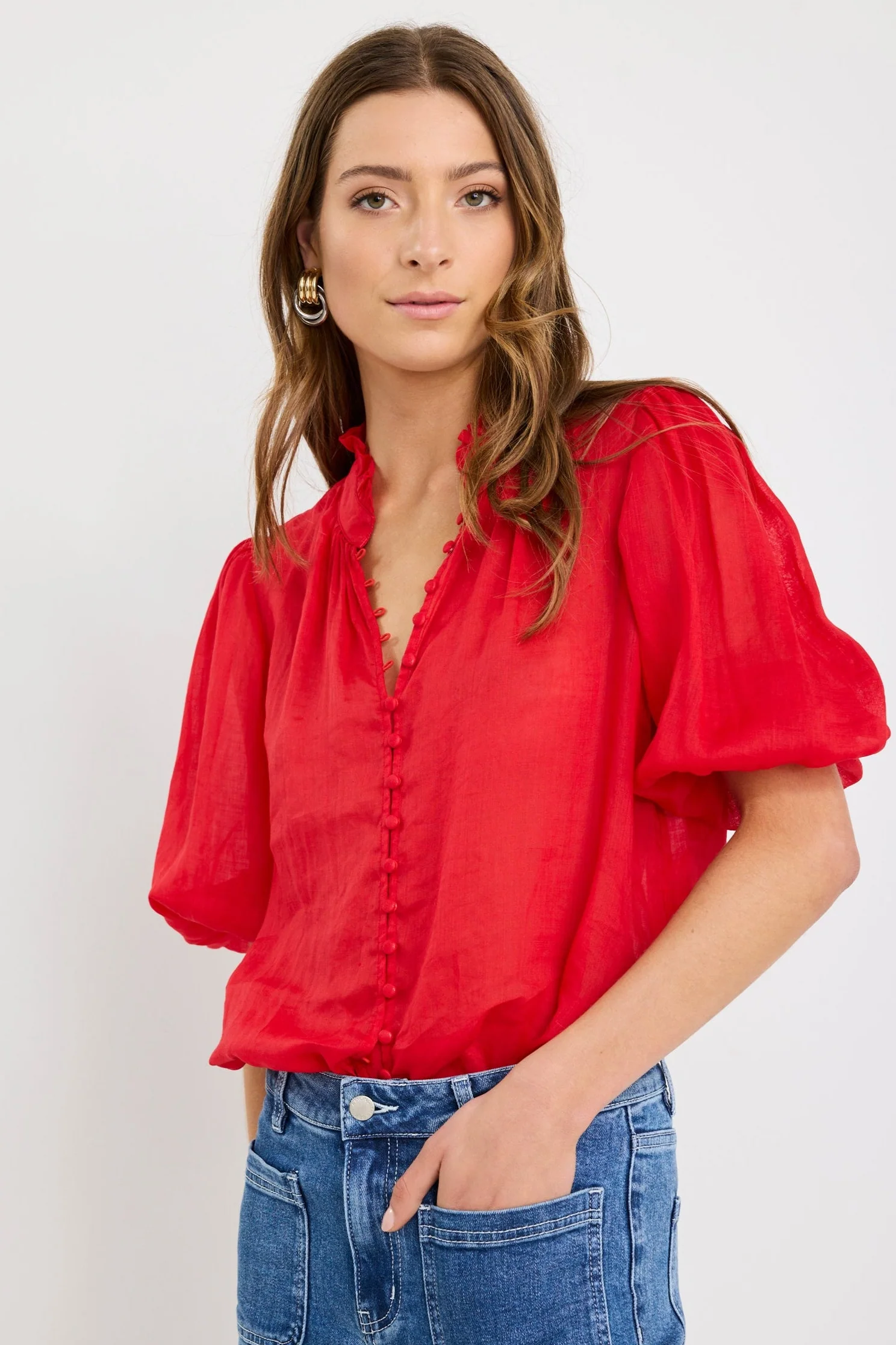 Continuance Poppy Ramie High Neck Buttoned SS Top