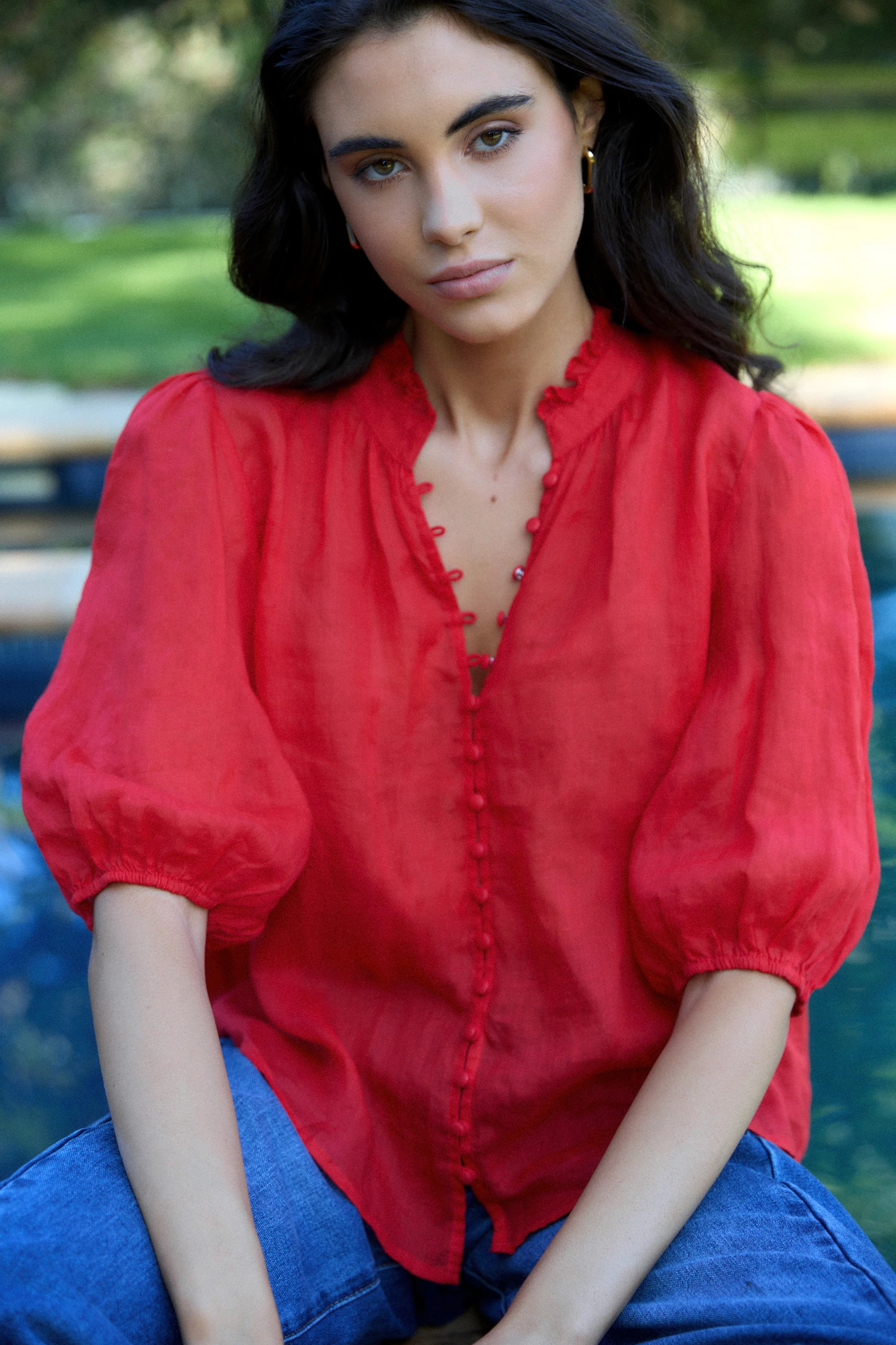 Continuance Poppy Ramie High Neck Buttoned SS Top - Image 2