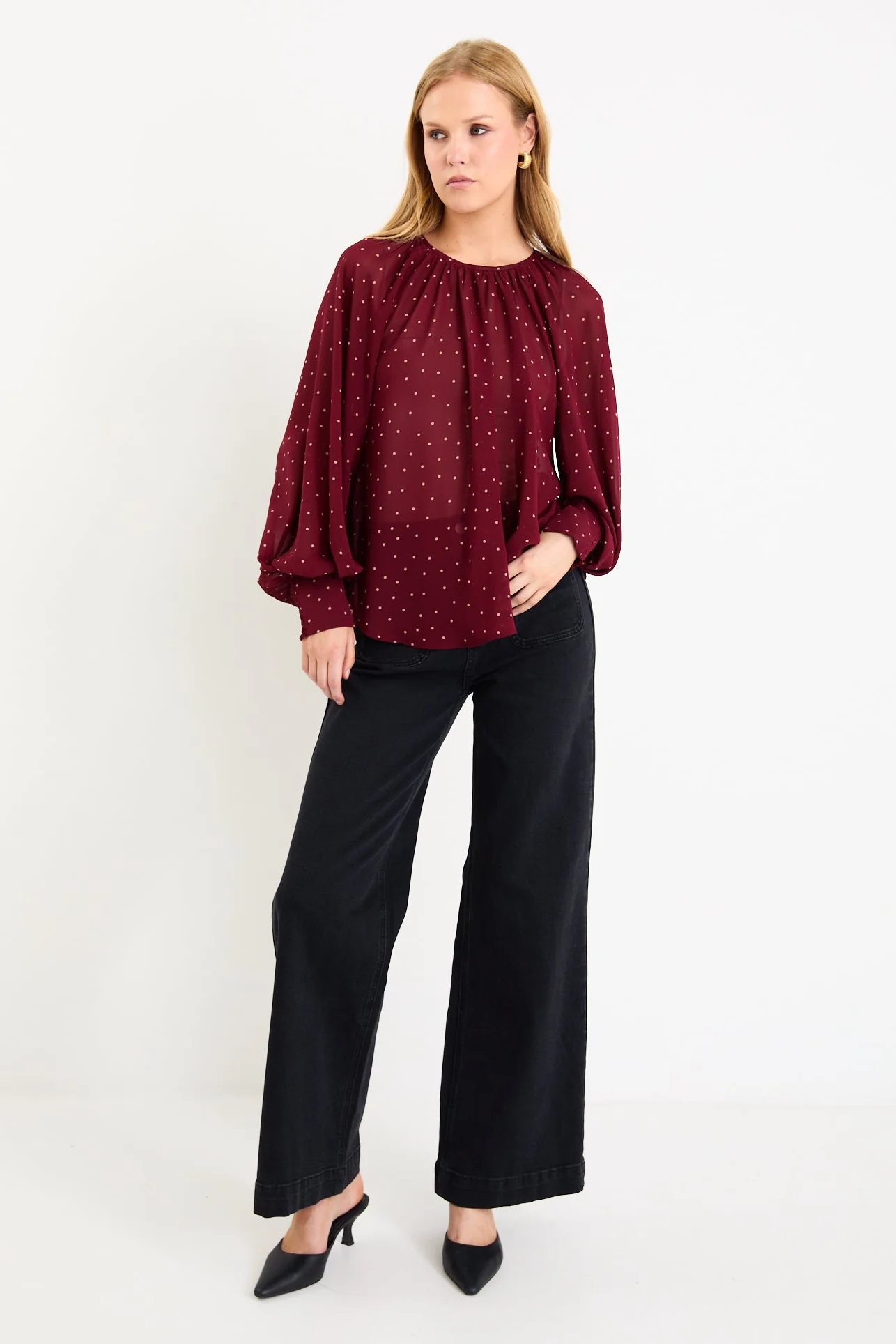 Cosmopolitan Burgundy Polka Dot Crew Neck Floaty LS Top - Image 3