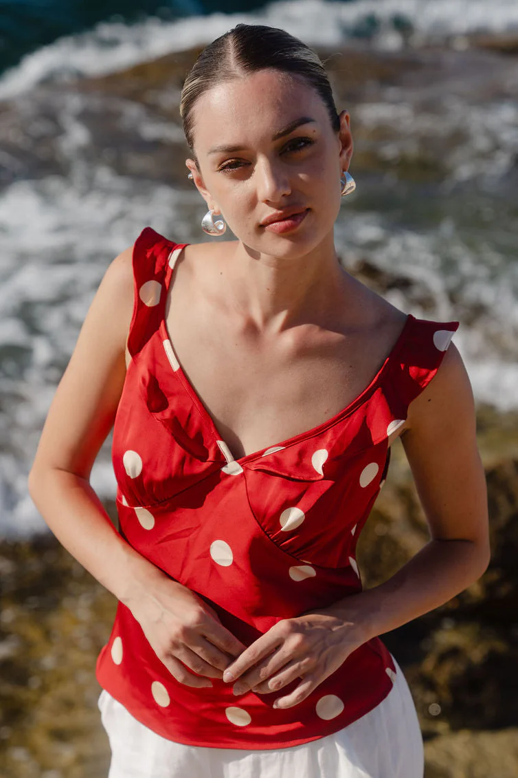 Crave Cherry Polka Dot Ruffle Neck Cami Top