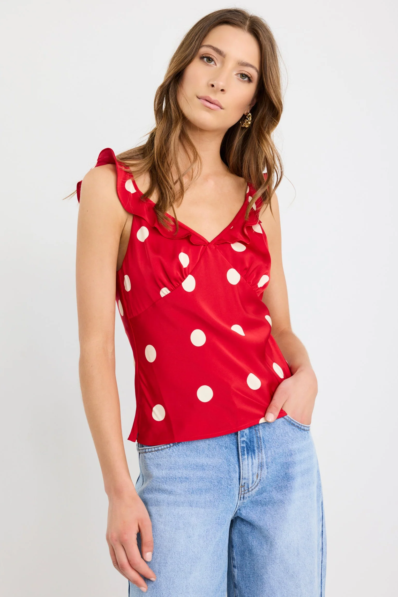Crave Cherry Polka Dot Ruffle Neck Cami Top - Image 2