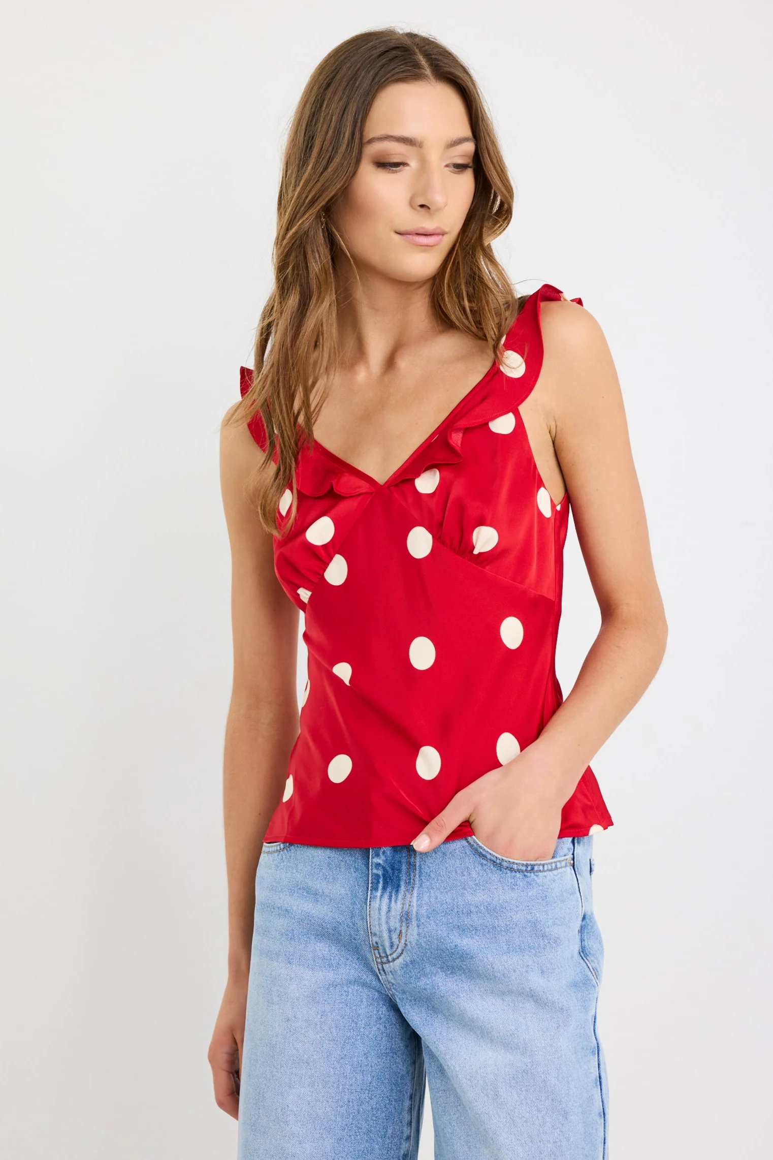 Crave Cherry Polka Dot Ruffle Neck Cami Top - Image 4