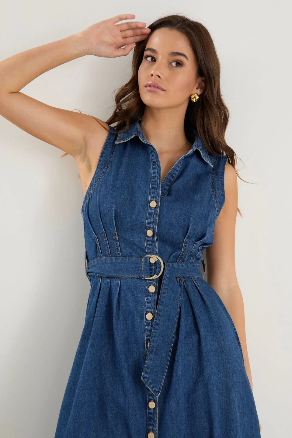 Crescent Storm Blue Denim Sleeveless Midi Shirt Dress - Image 2