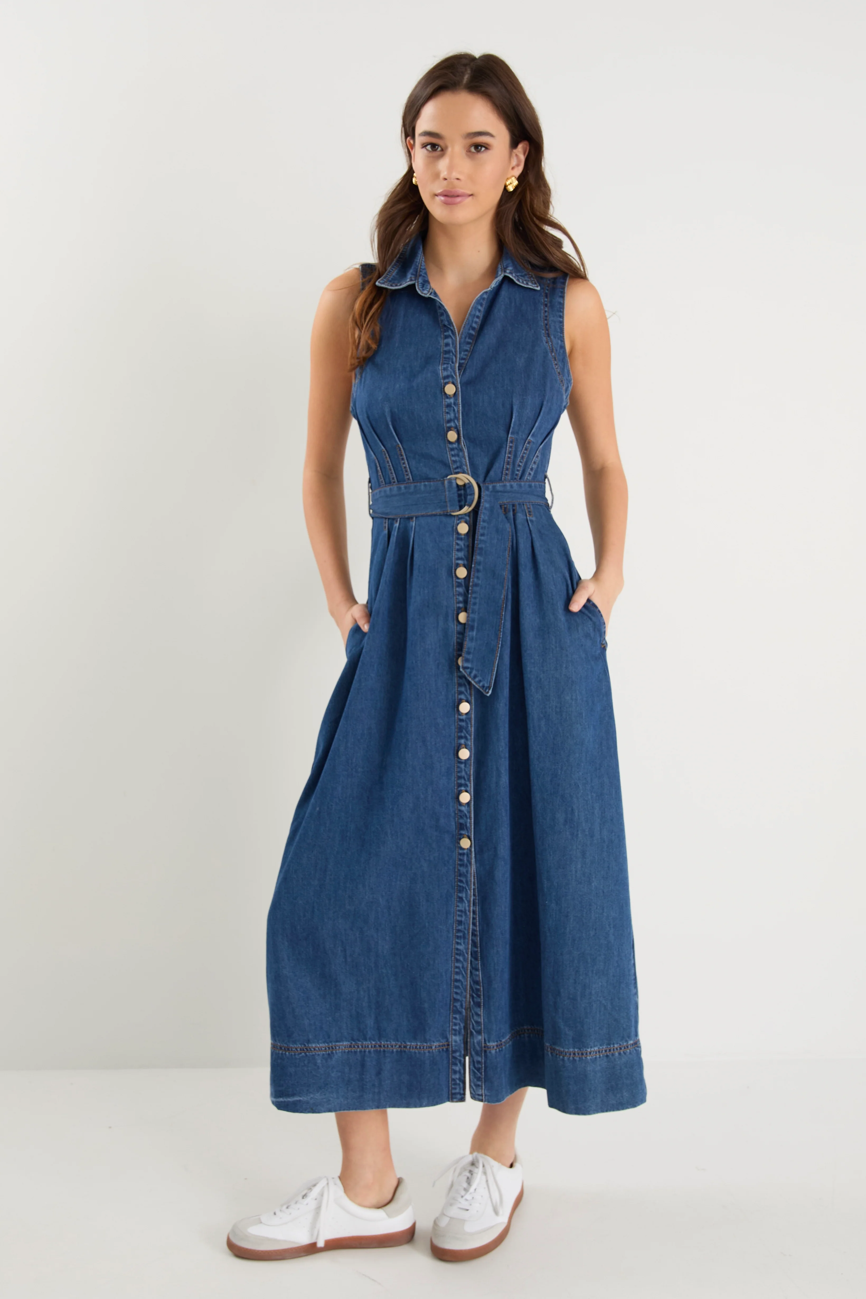 Crescent Storm Blue Denim Sleeveless Midi Shirt Dress - Image 4