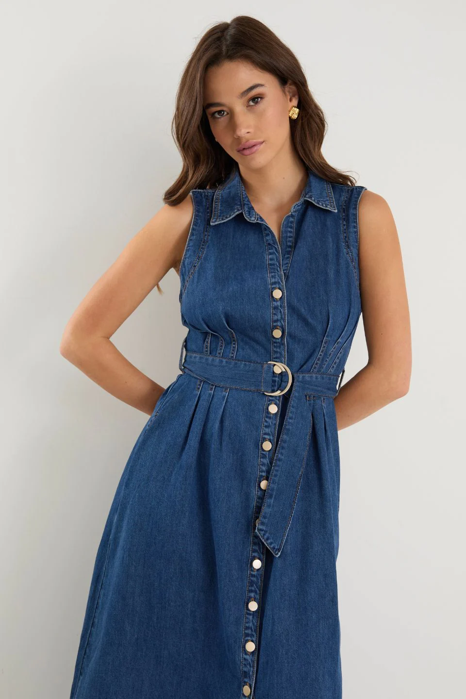 Crescent Storm Blue Denim Sleeveless Midi Shirt Dress - Image 5