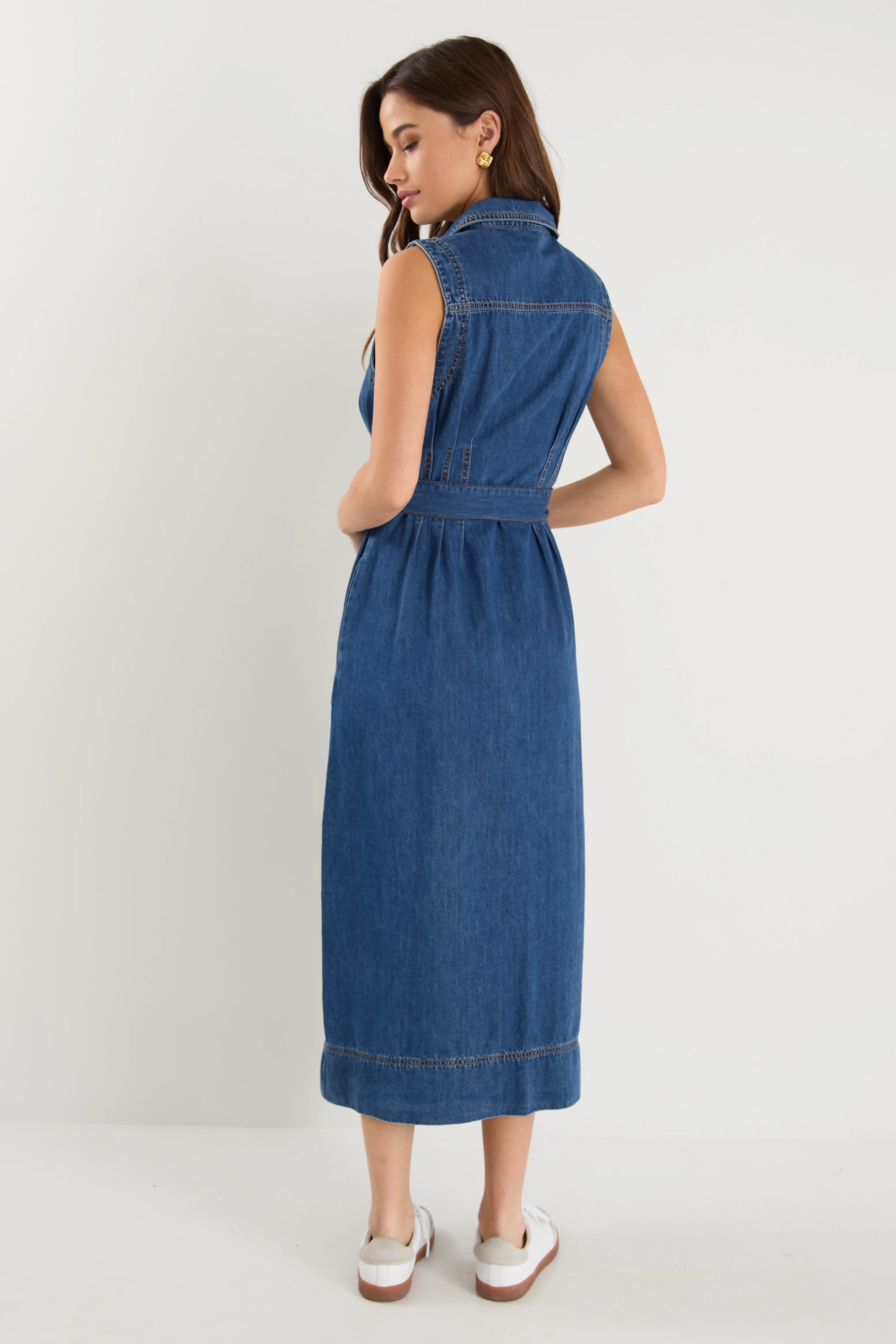 Crescent Storm Blue Denim Sleeveless Midi Shirt Dress - Image 6