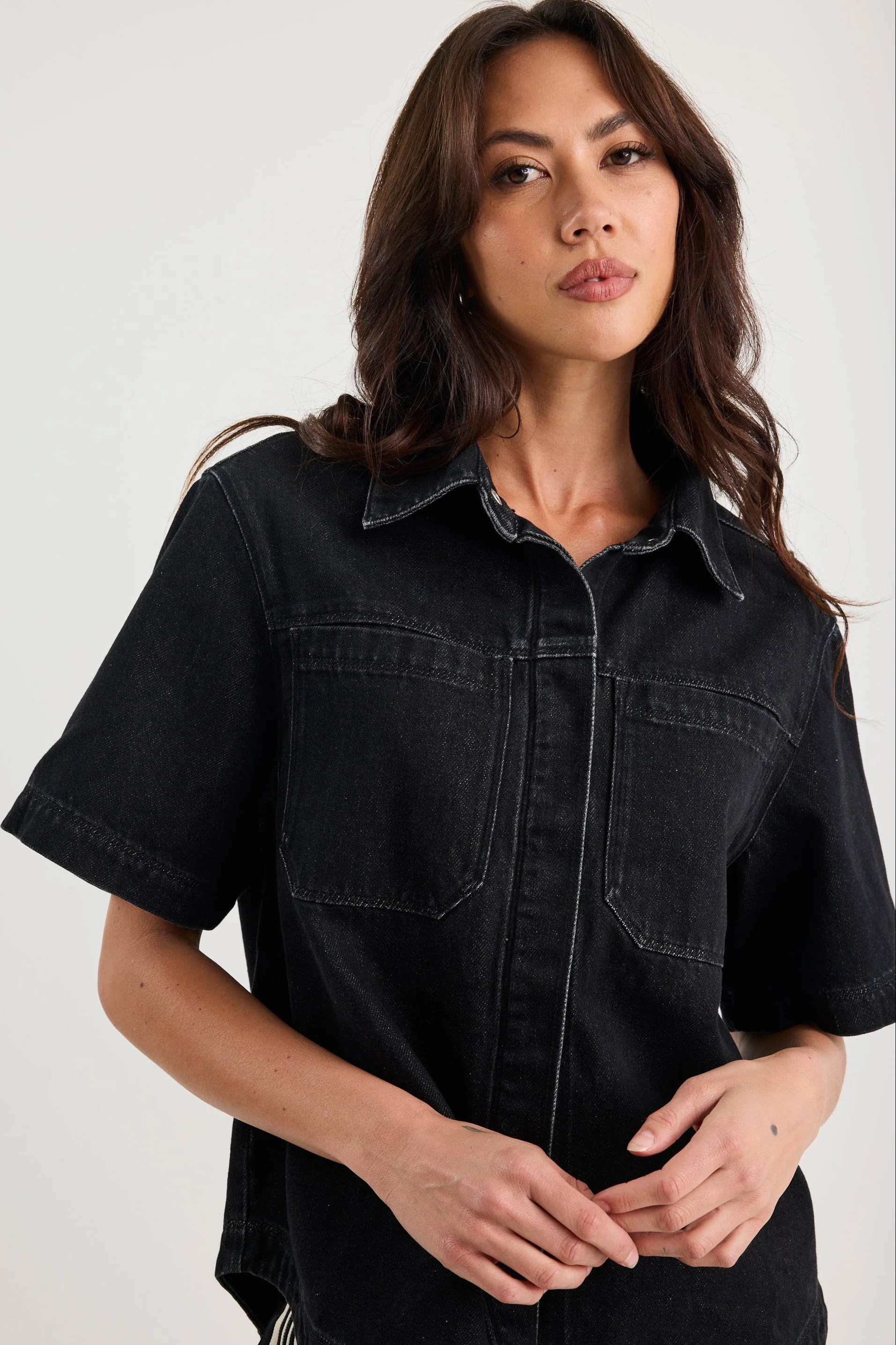 Crucial Black Denim Short Sleeve Shacket - Image 3