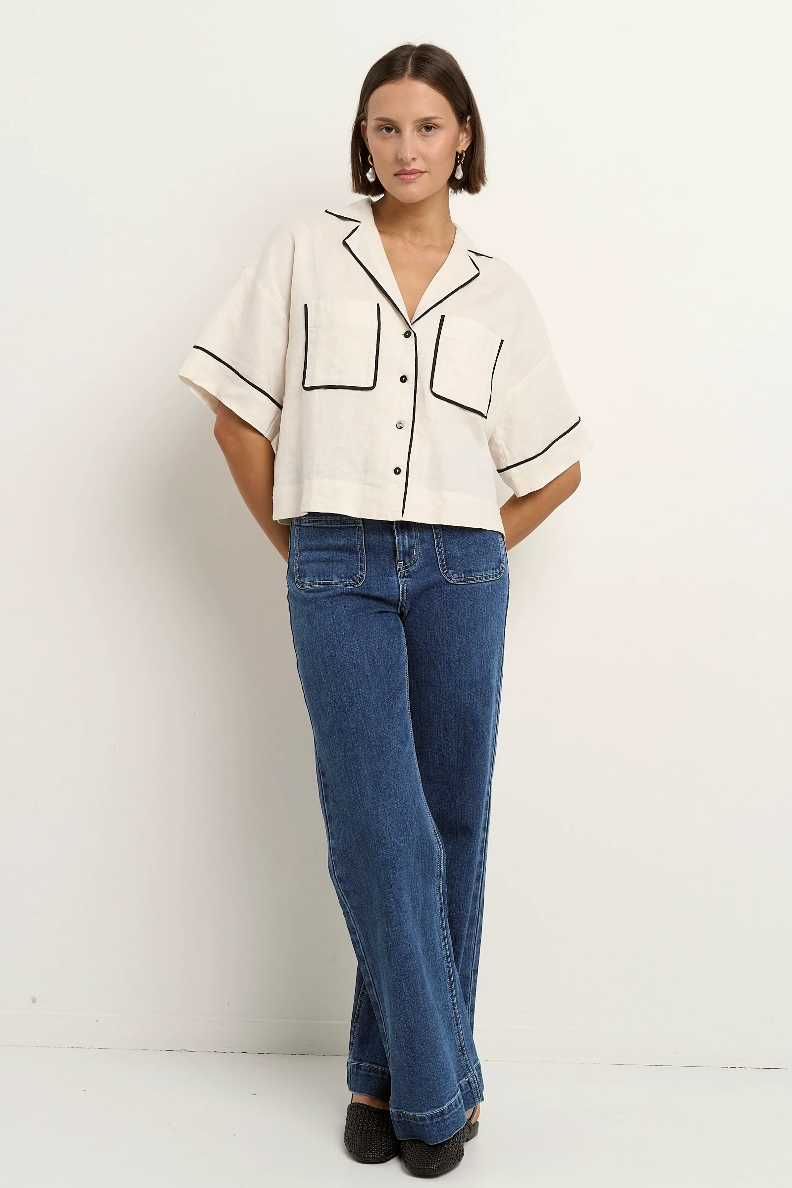 Culture Cream Black Trim Linen Boxy SS Shirt - Image 3