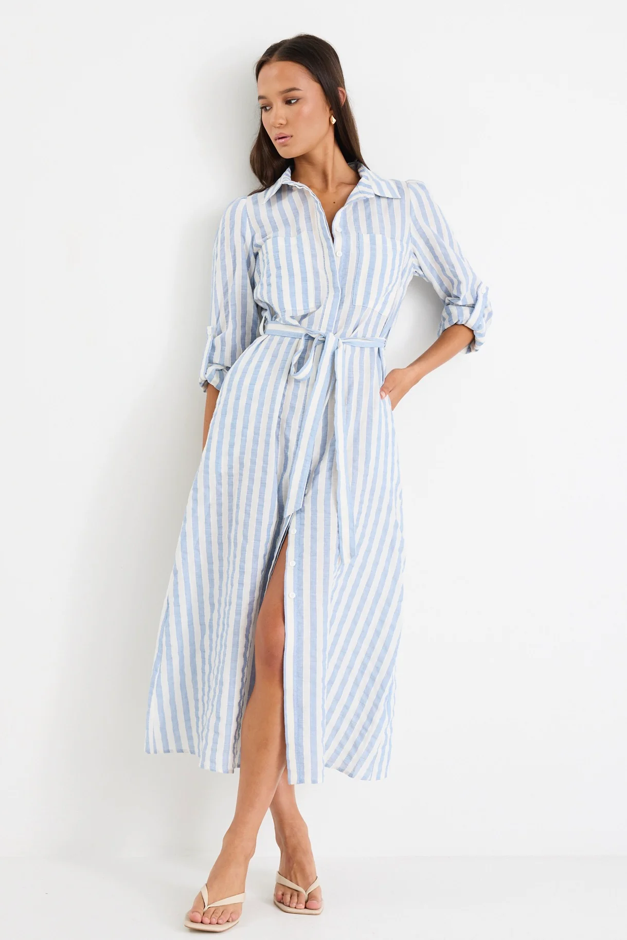 Cyprus Blue Stripe LS Shirt Midi Dress