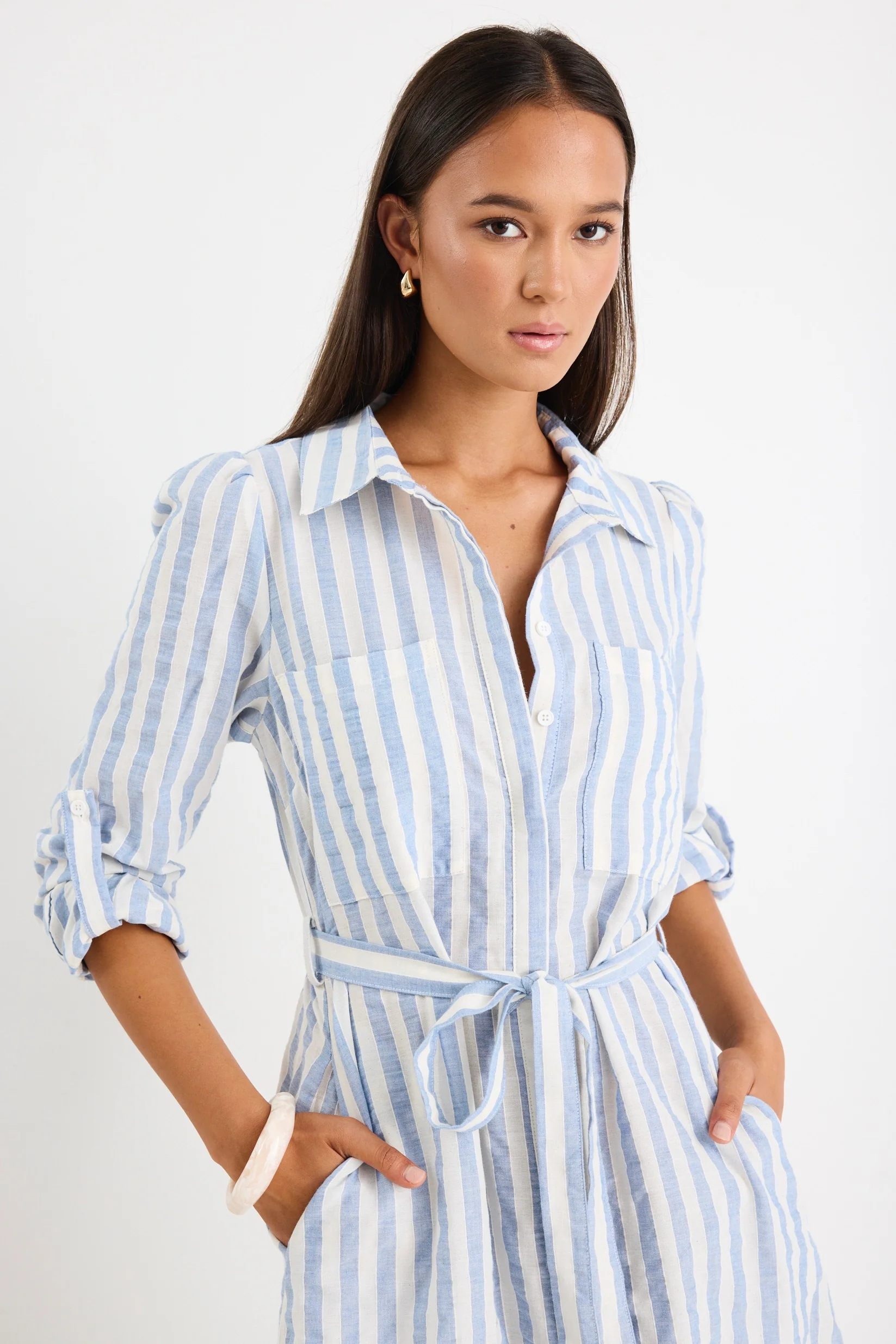 Cyprus Blue Stripe LS Shirt Midi Dress - Image 2