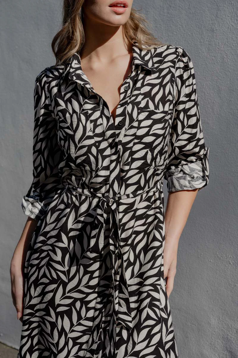 Cyprus Black Leaves LS Shirt Midi Dress - Image 2