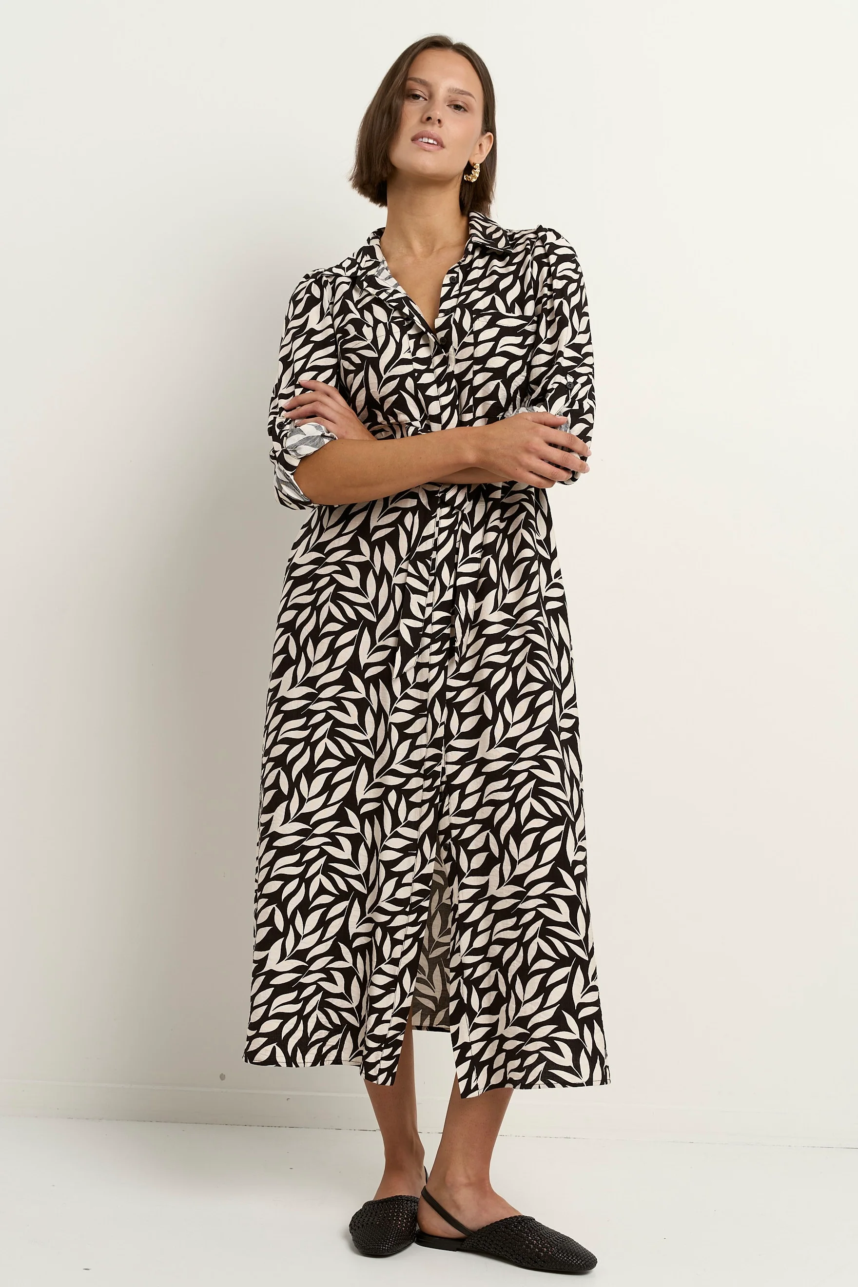 Cyprus Black Leaves LS Shirt Midi Dress - Image 3