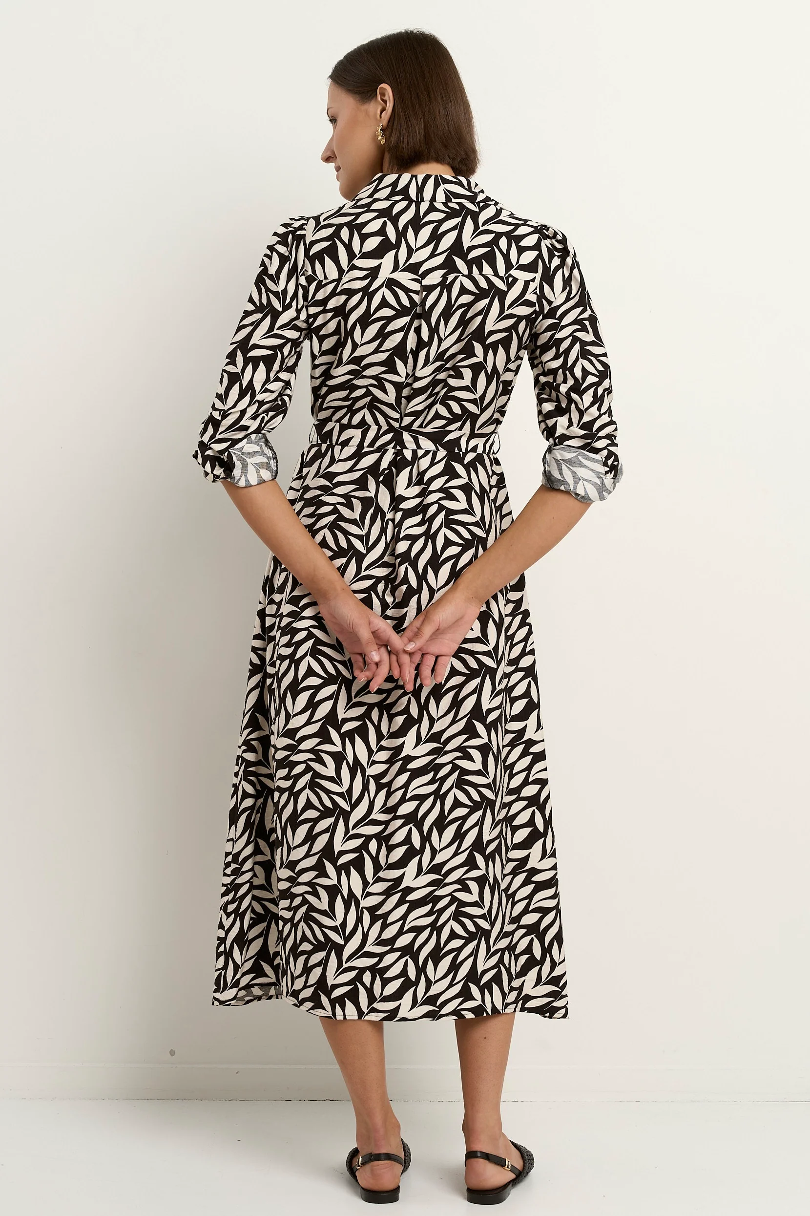 Cyprus Black Leaves LS Shirt Midi Dress - Image 4