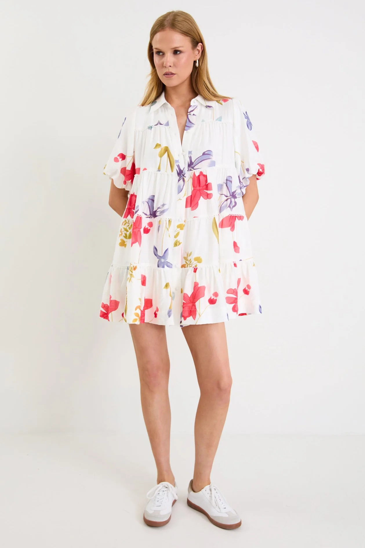 Dahlia Cream Poppy Floral Puff Sleeve Mini Tiered Shirt Dress