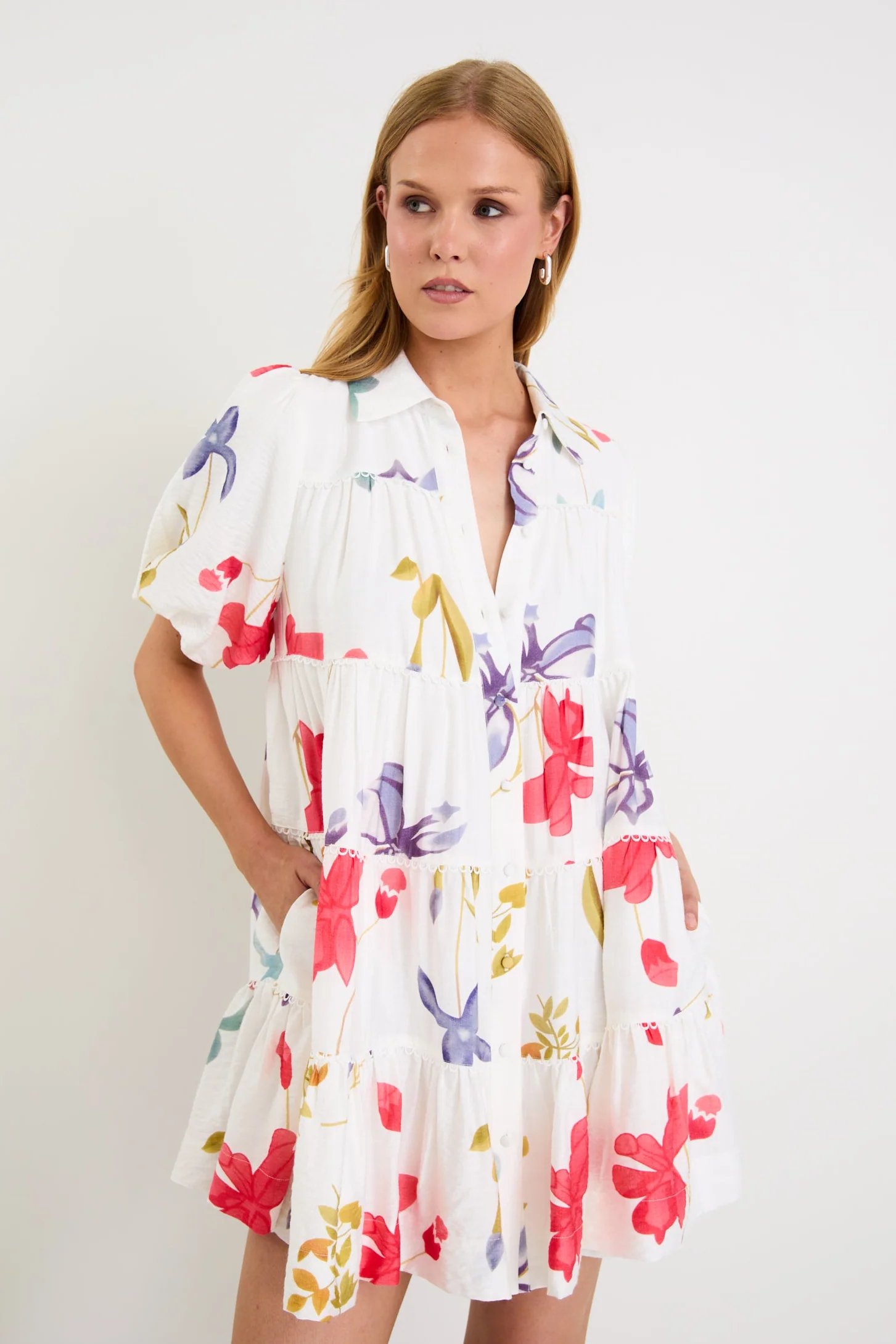 Dahlia Cream Poppy Floral Puff Sleeve Mini Tiered Shirt Dress - Image 2