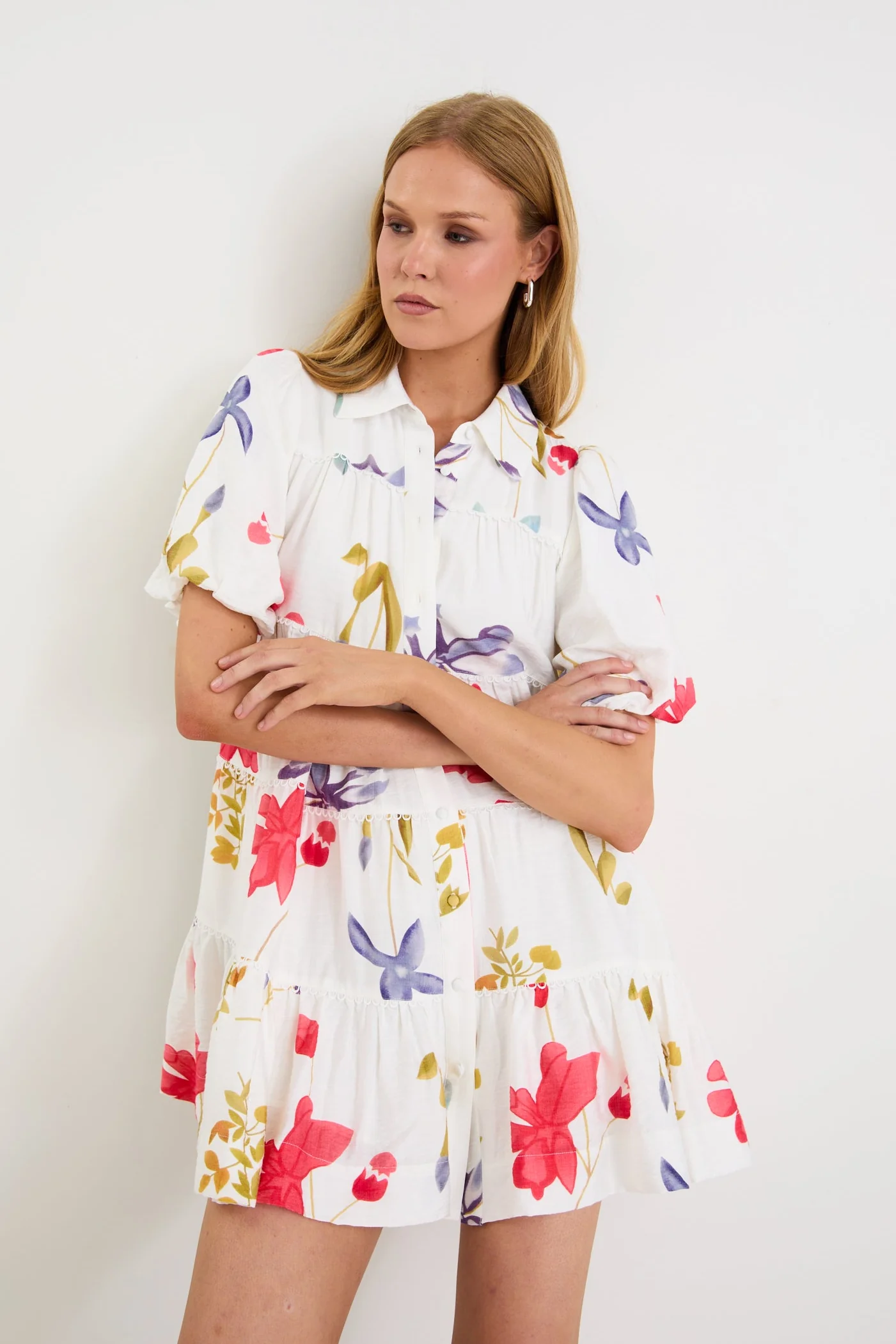 Dahlia Cream Poppy Floral Puff Sleeve Mini Tiered Shirt Dress - Image 3