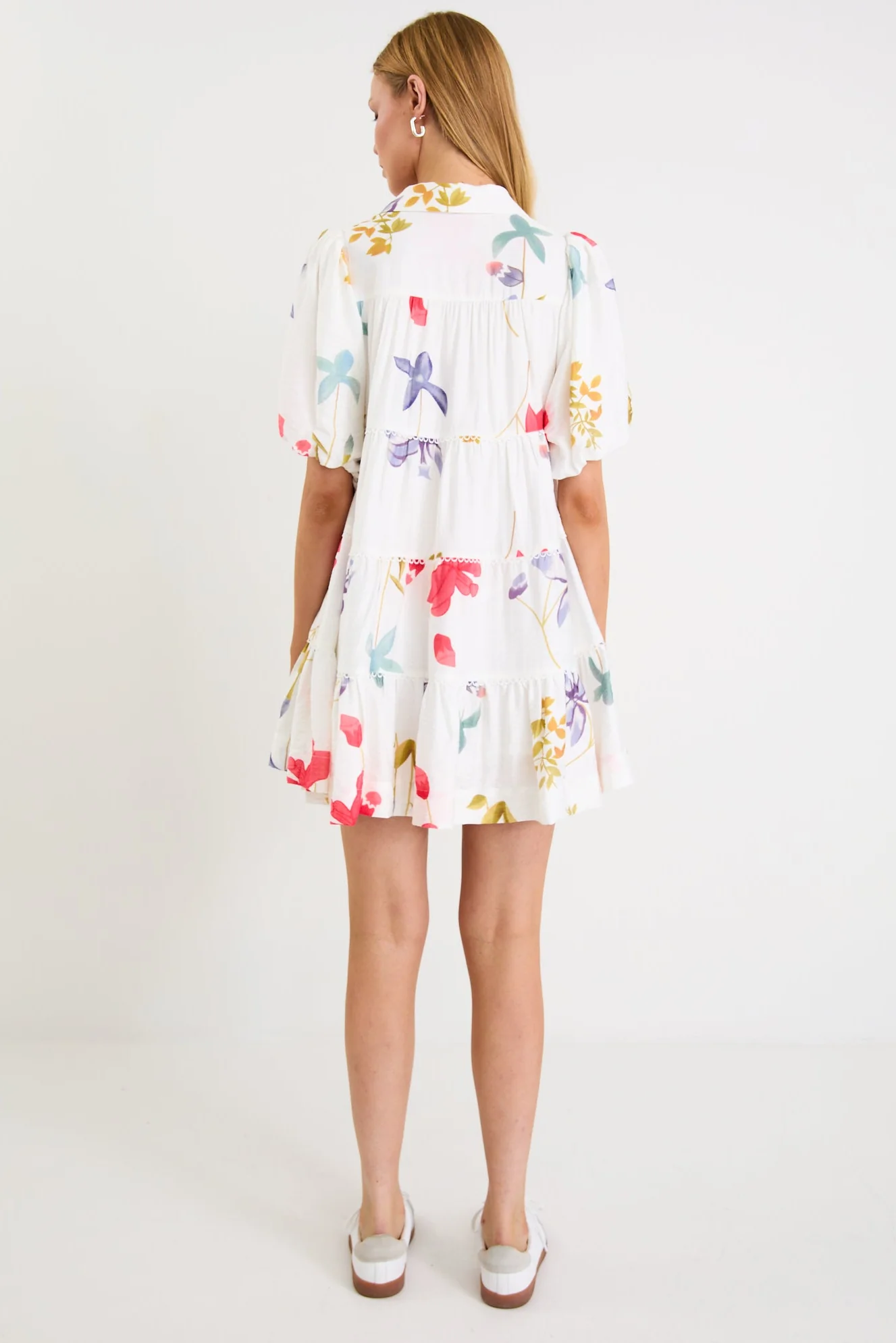 Dahlia Cream Poppy Floral Puff Sleeve Mini Tiered Shirt Dress - Image 4