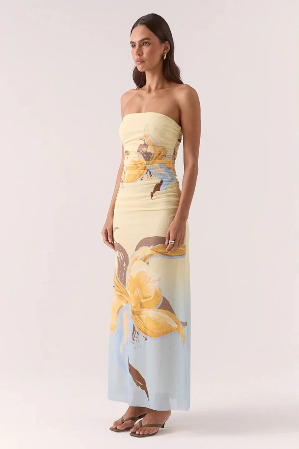 Dahlia Breeze Yellow Floral Mesh Strapless Maxi Dress - Image 3