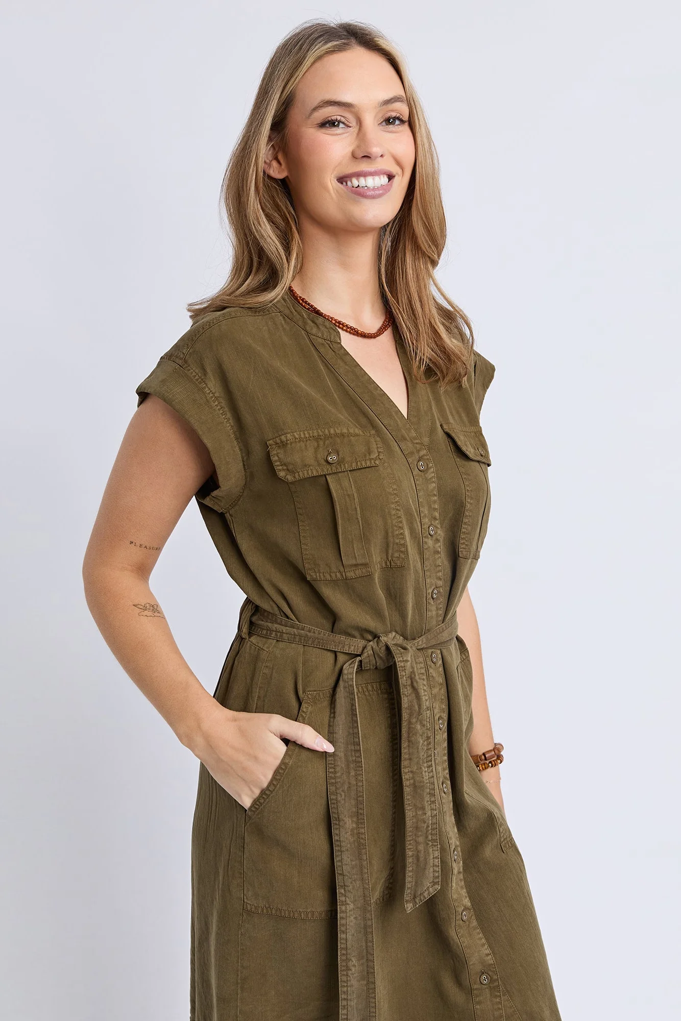 Dakota Dark Olive Military Belted SS Mini Dress - Image 3