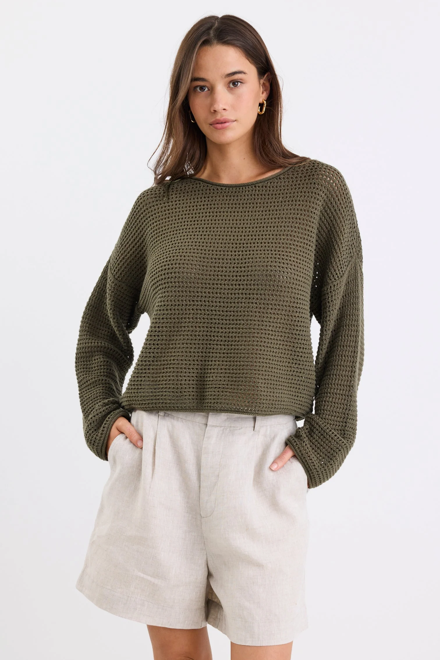 Dawn Soft Khaki Crochet Knit Jumper - Image 3