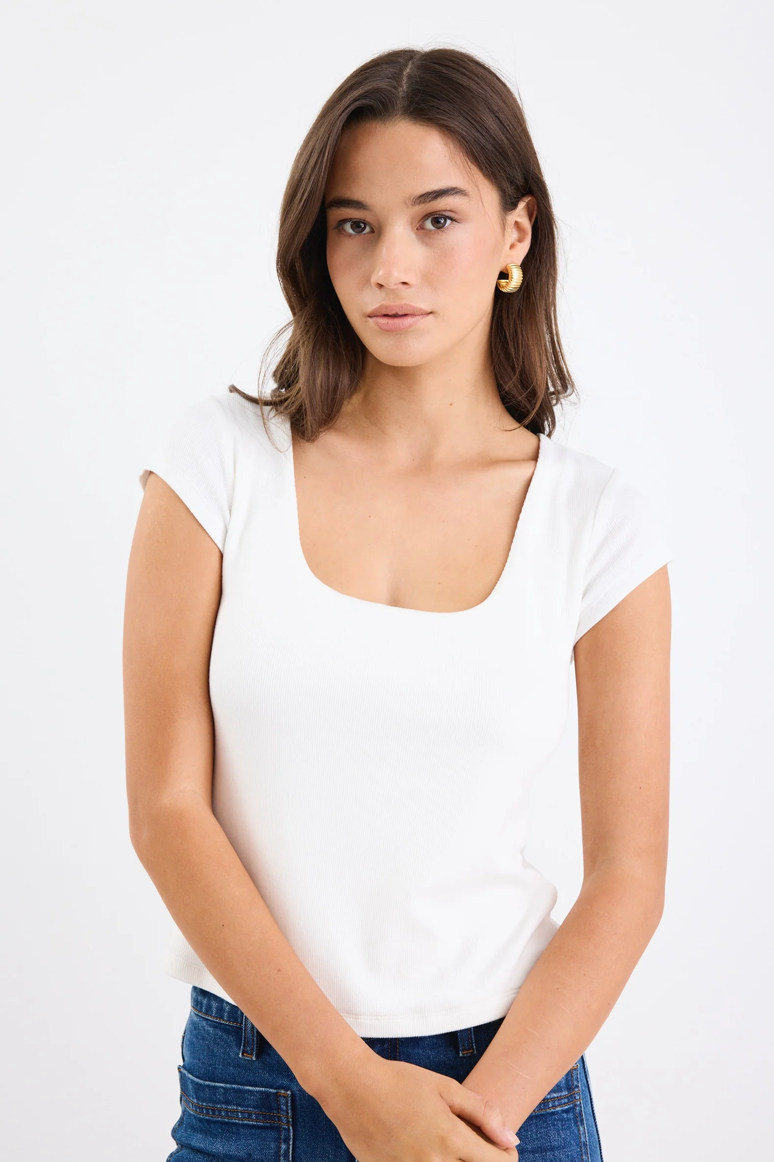 Definitive Ivory Cap Short Sleeve Square Neck Stretch Top