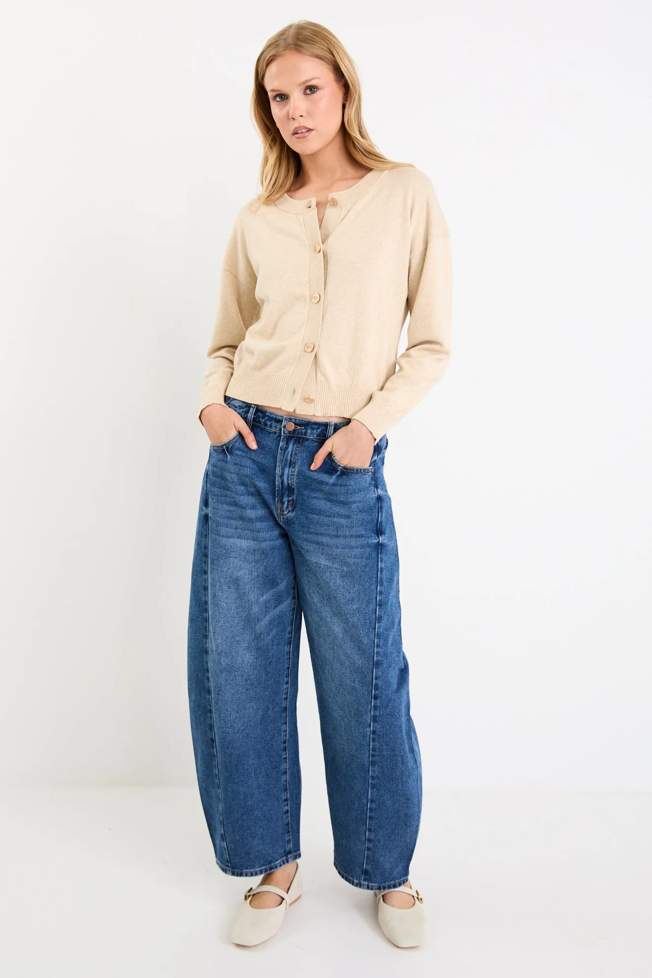 Delight Champagne Cotton Cashmere Fine Knit Crew Cardigan - Image 3
