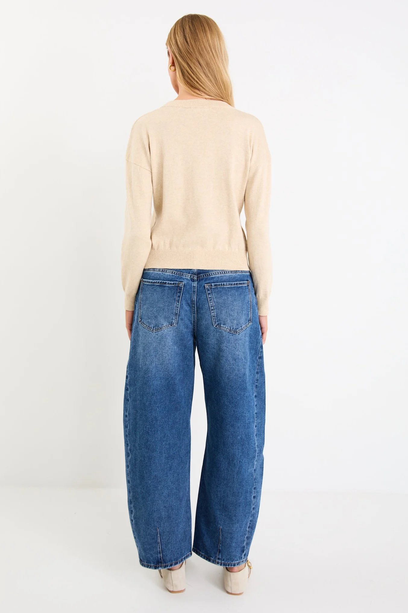 Delight Champagne Cotton Cashmere Fine Knit Crew Cardigan - Image 4