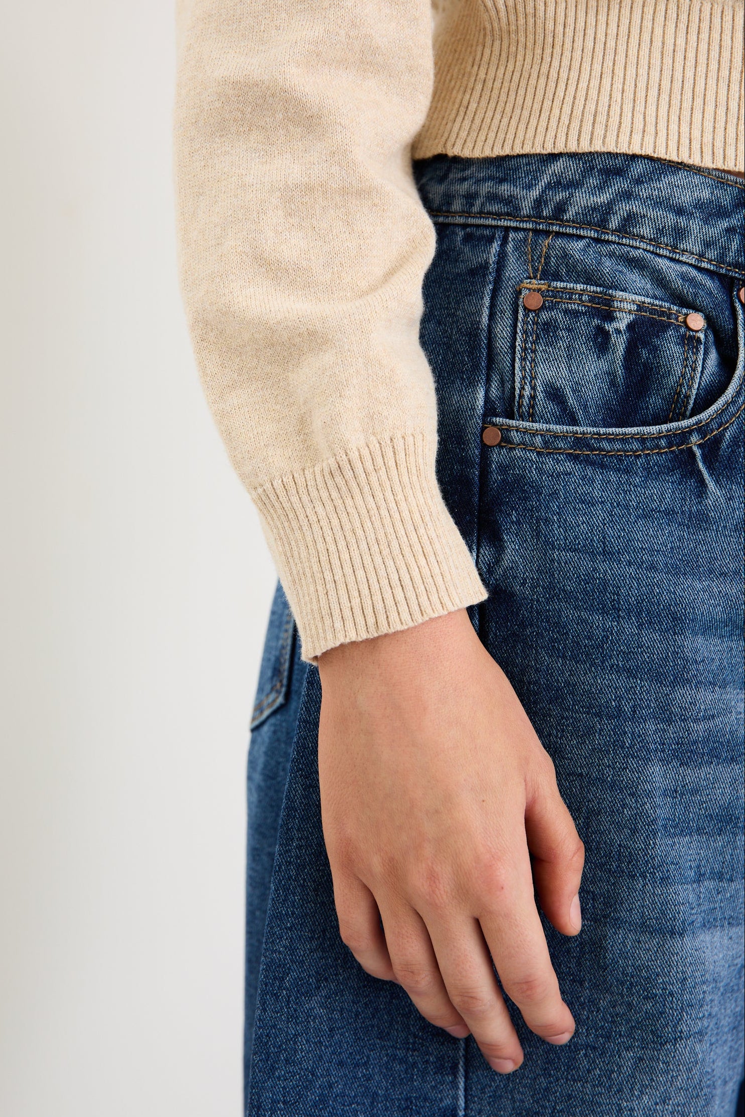 Delight Champagne Cotton Cashmere Fine Knit Crew Cardigan - Image 5