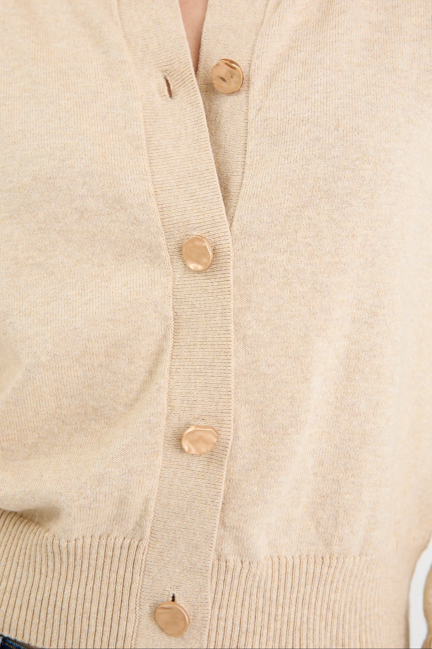 Delight Champagne Cotton Cashmere Fine Knit Crew Cardigan - Image 6