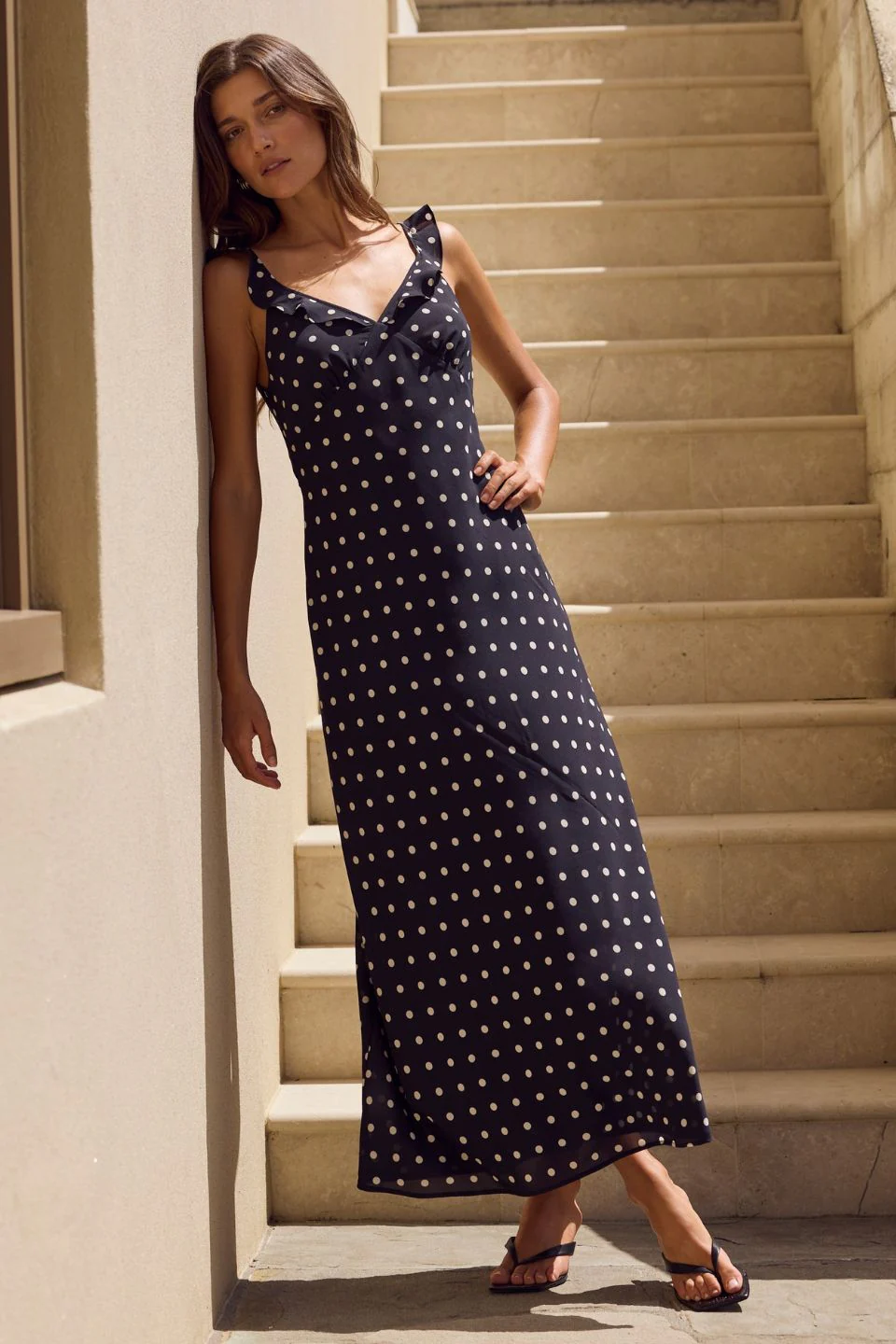 Delightful Black Polka Dot Bias Slip Maxi Dress