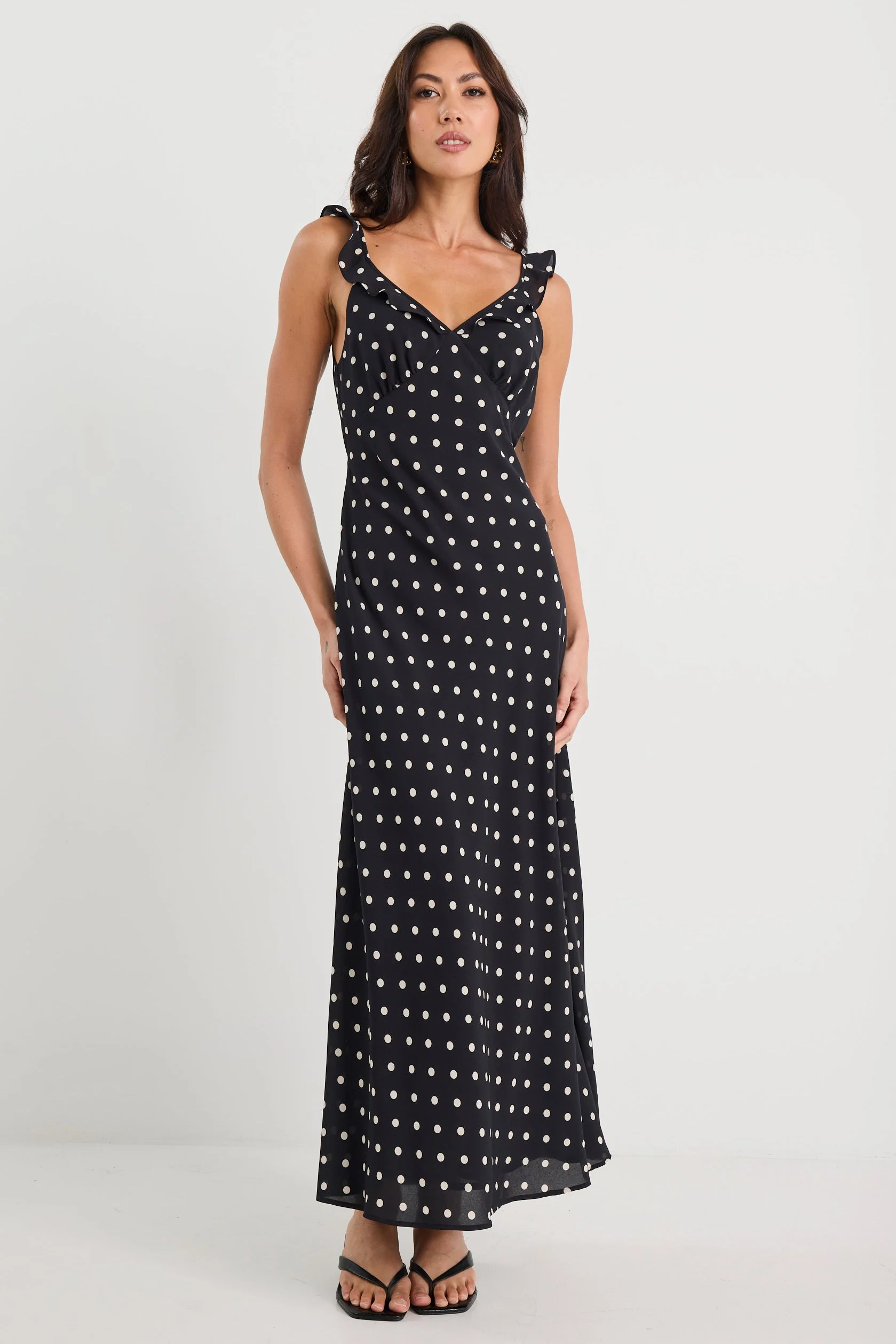 Delightful Black Polka Dot Bias Slip Maxi Dress - Image 2