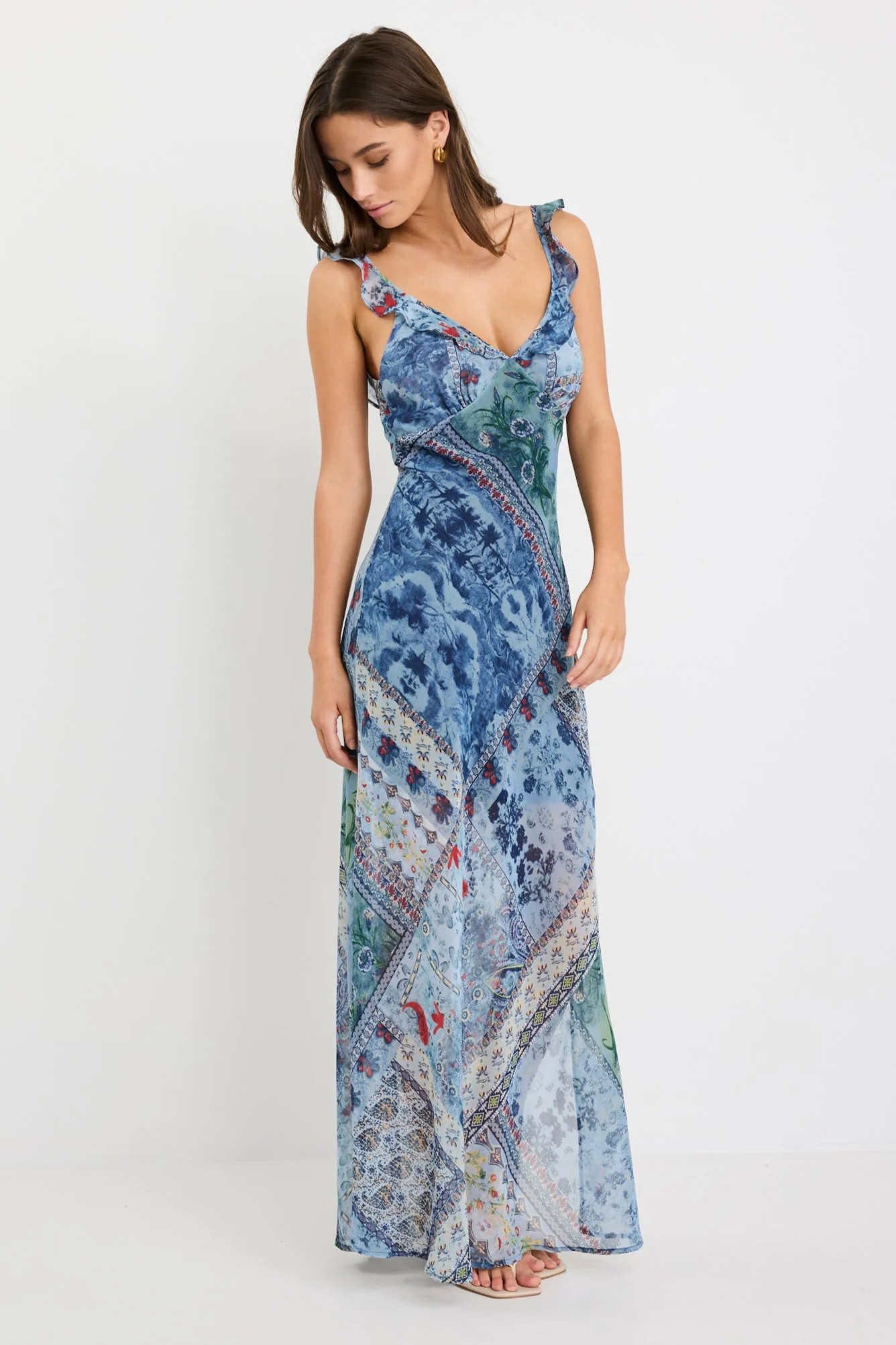 Delightful Blue Scarf Print Georgette Bias Slip Maxi Dress