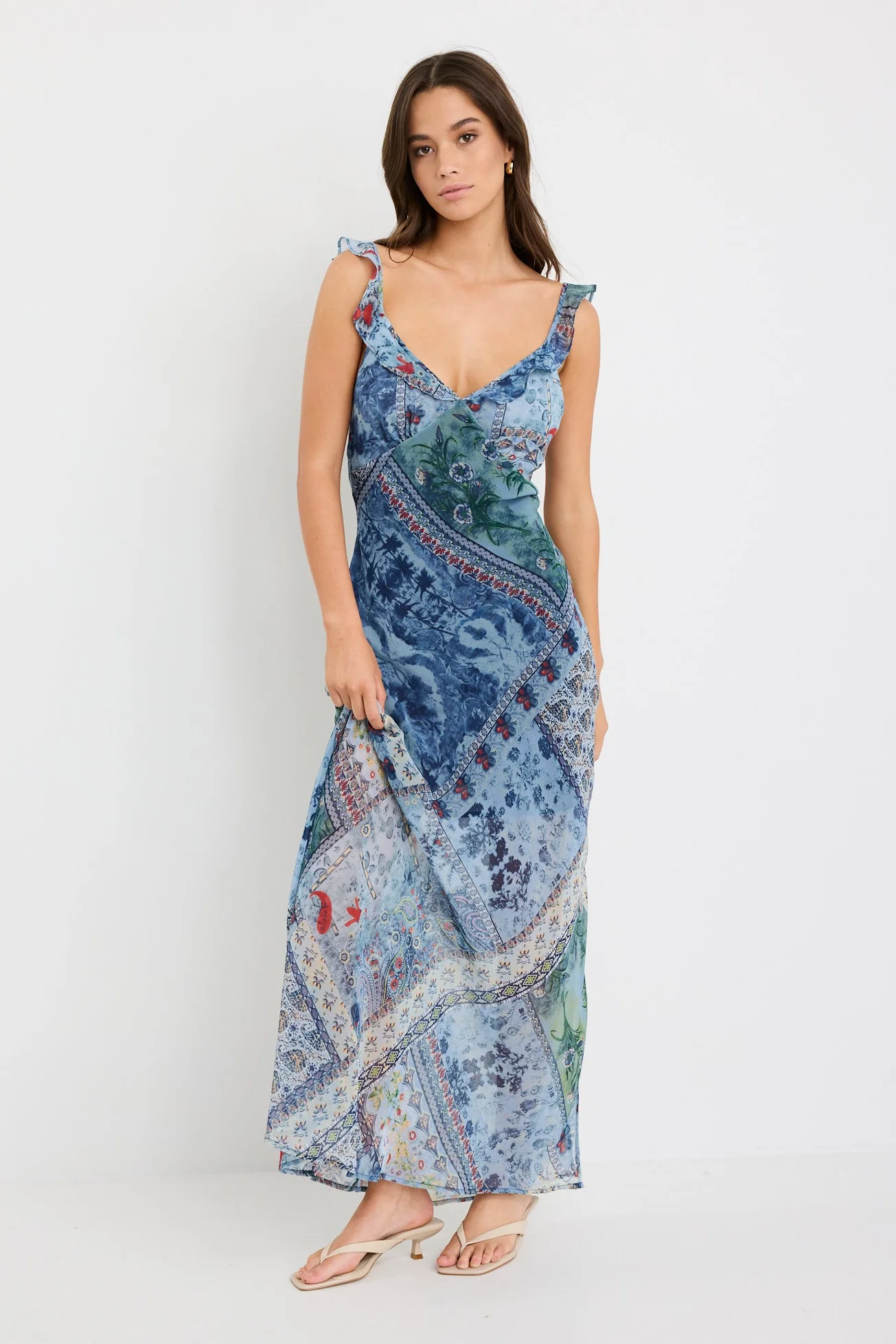 Delightful Blue Scarf Print Georgette Bias Slip Maxi Dress - Image 3