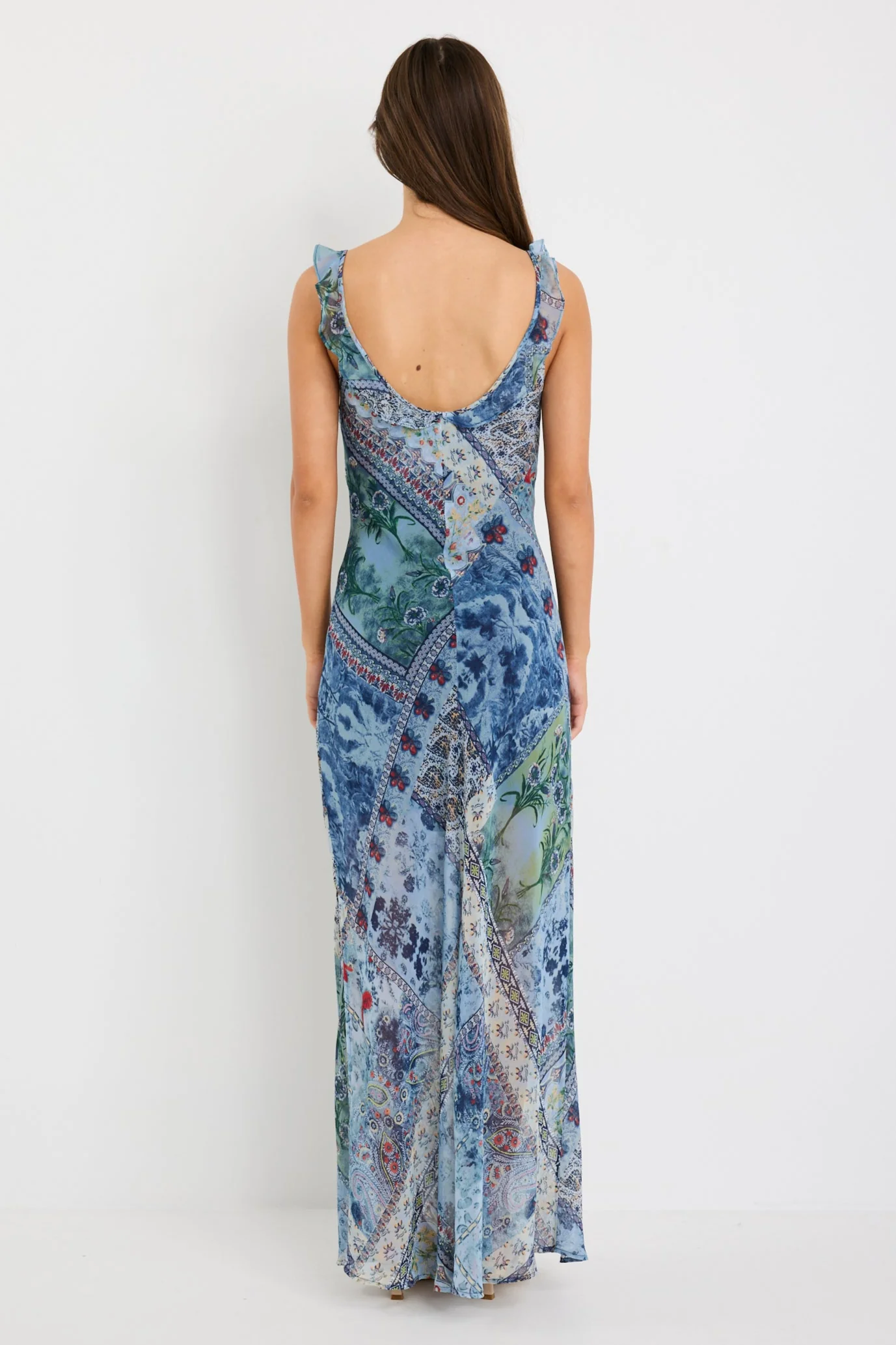 Delightful Blue Scarf Print Georgette Bias Slip Maxi Dress - Image 4
