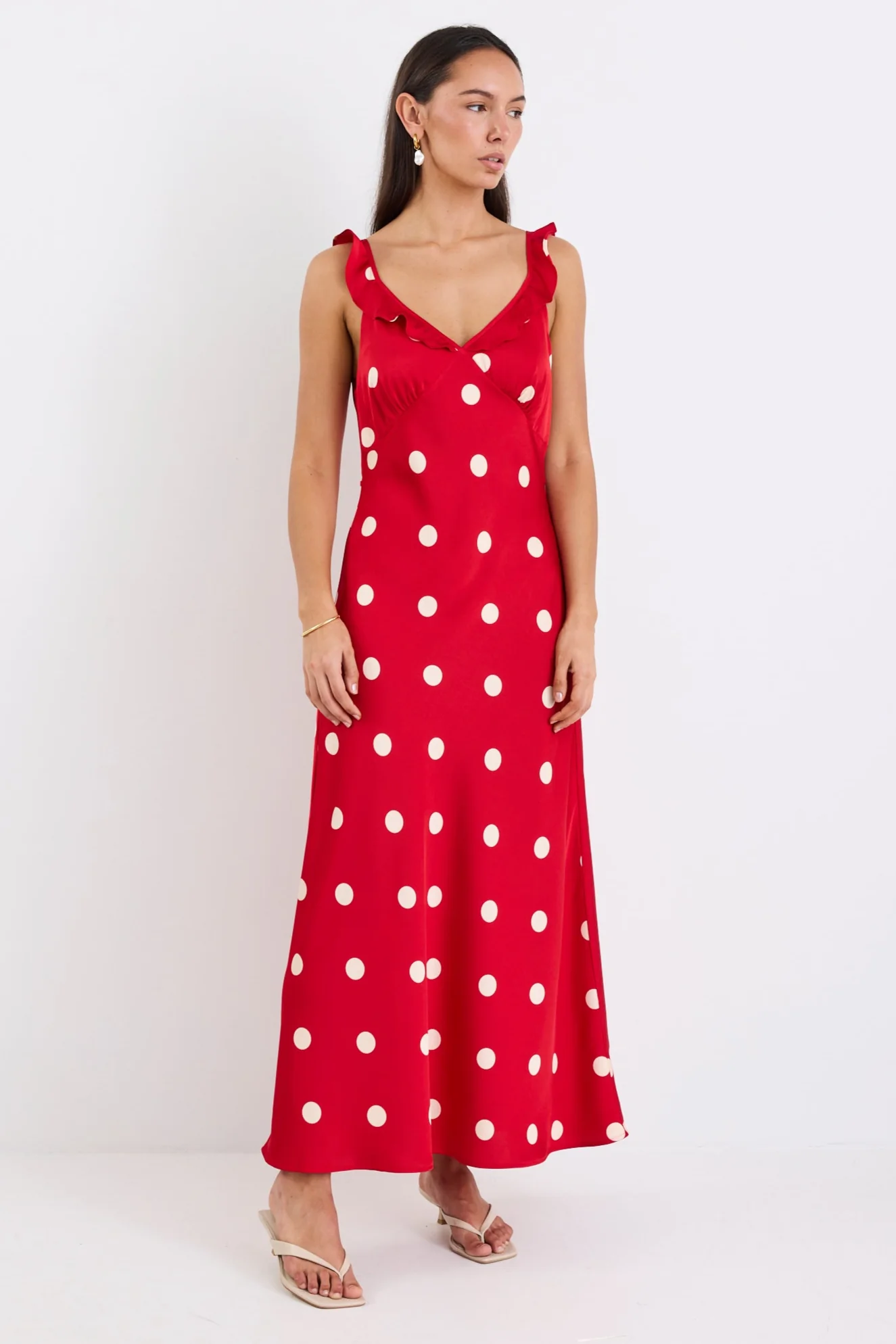 Delightful Cherry Polka Dot Satin Bias Slip Maxi Dress - Image 2